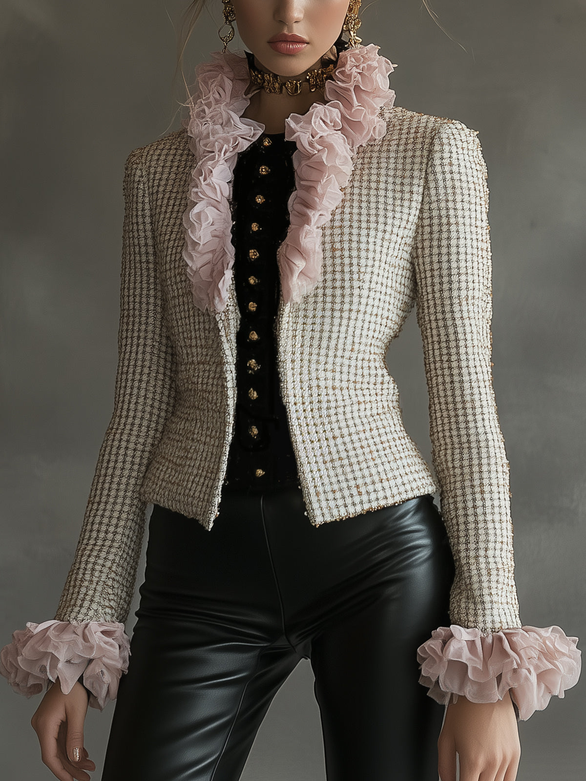 Houndstooth Blazer With Pink Ruffle Trim