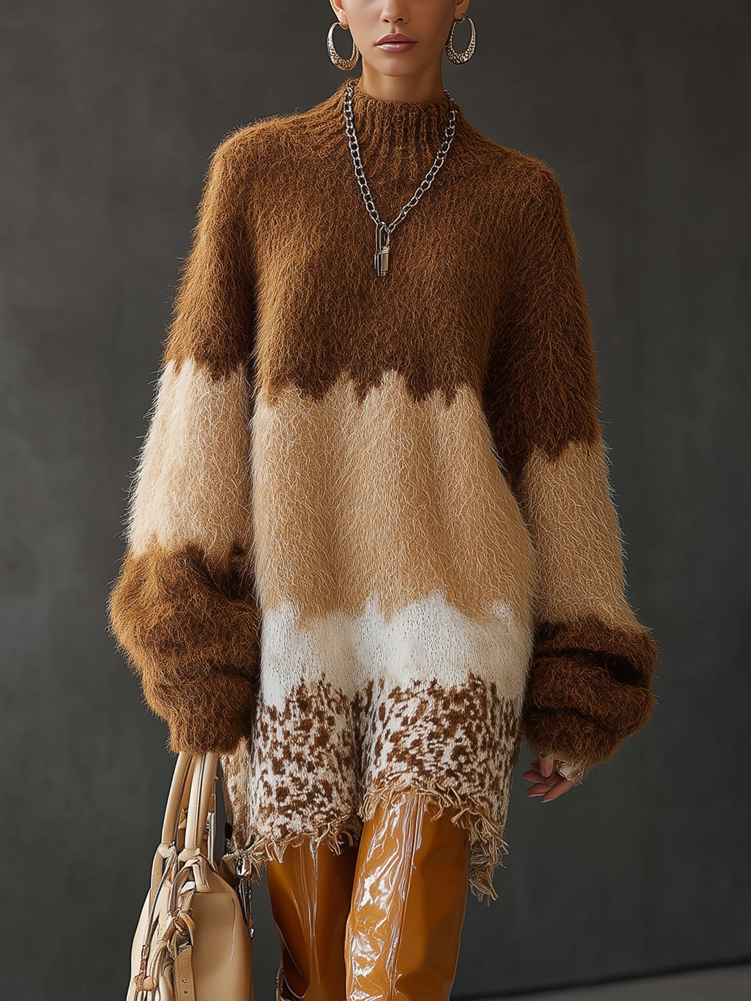 Brown Faux Mink Ombre Knit Long Sleeve Mini Dress
