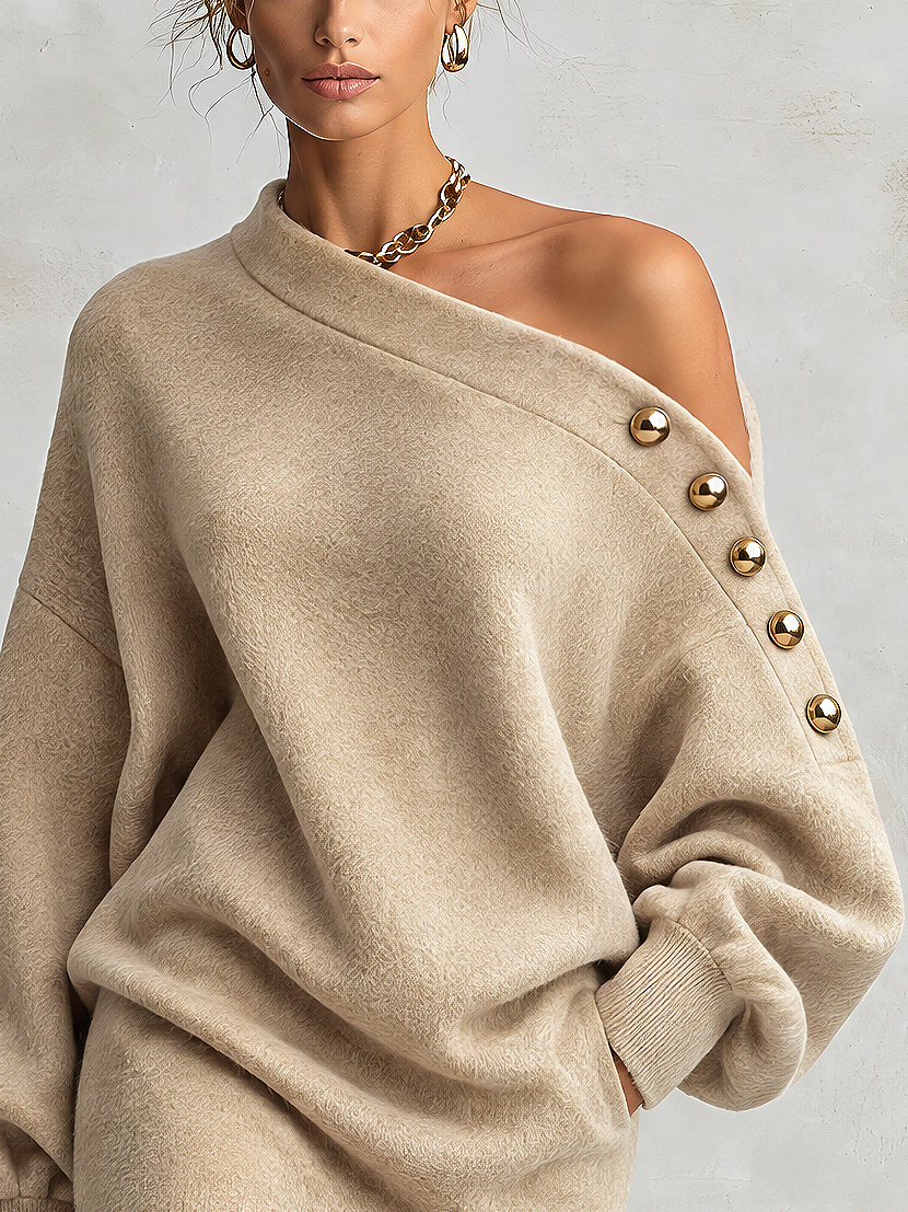 Oat Slouchy Off Shoulder Gold Button Wool Mini Dress