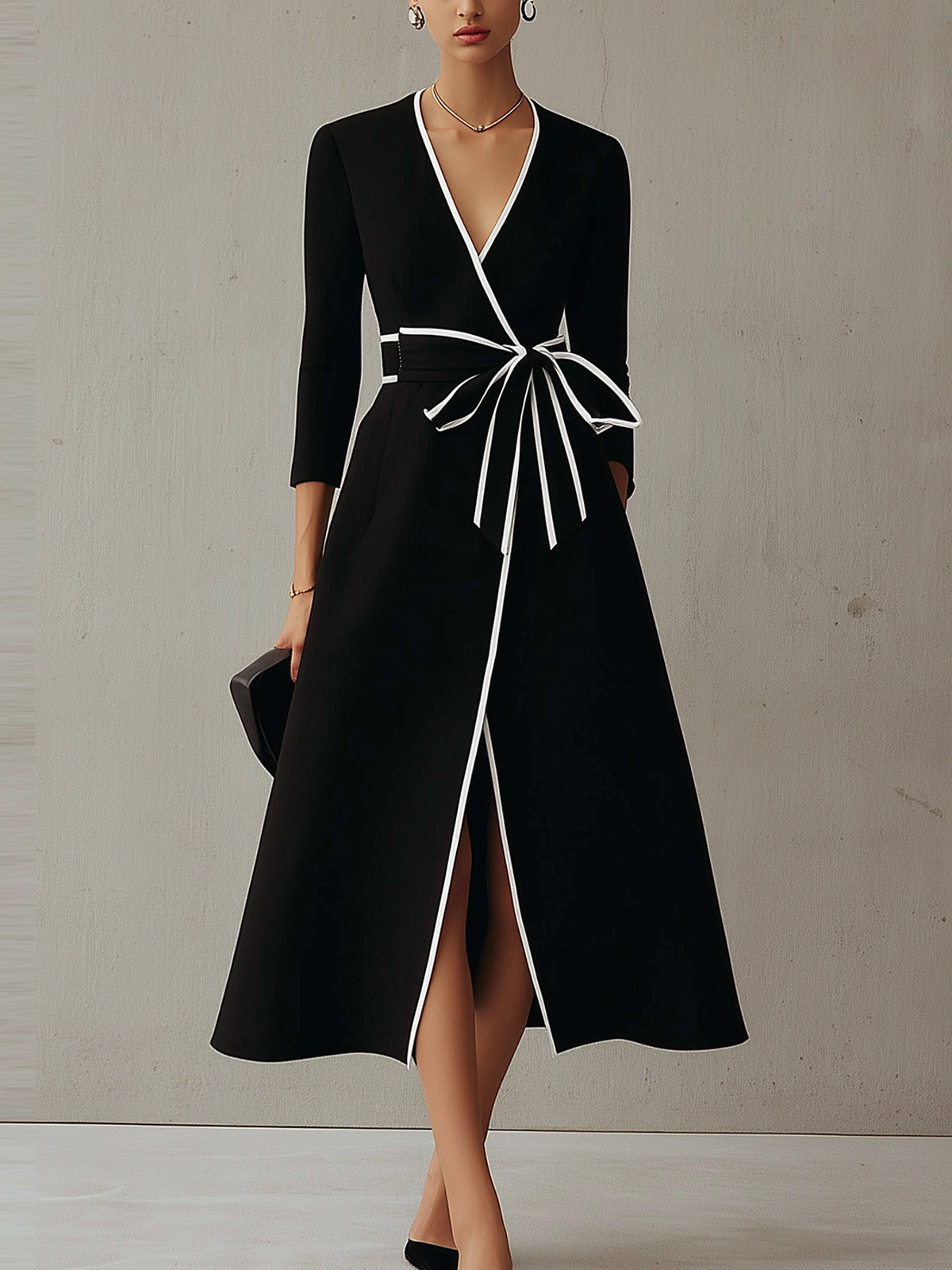 Black And White Contrast Trim Wrap Midi Dress