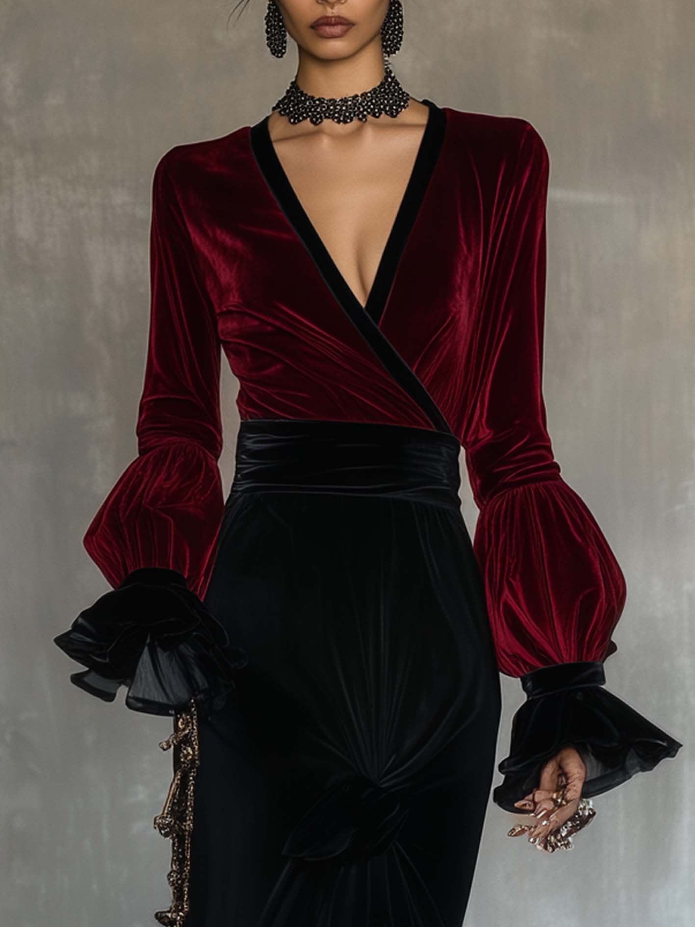 Black V-neck Velvet Maxi Dress With Red And Lace