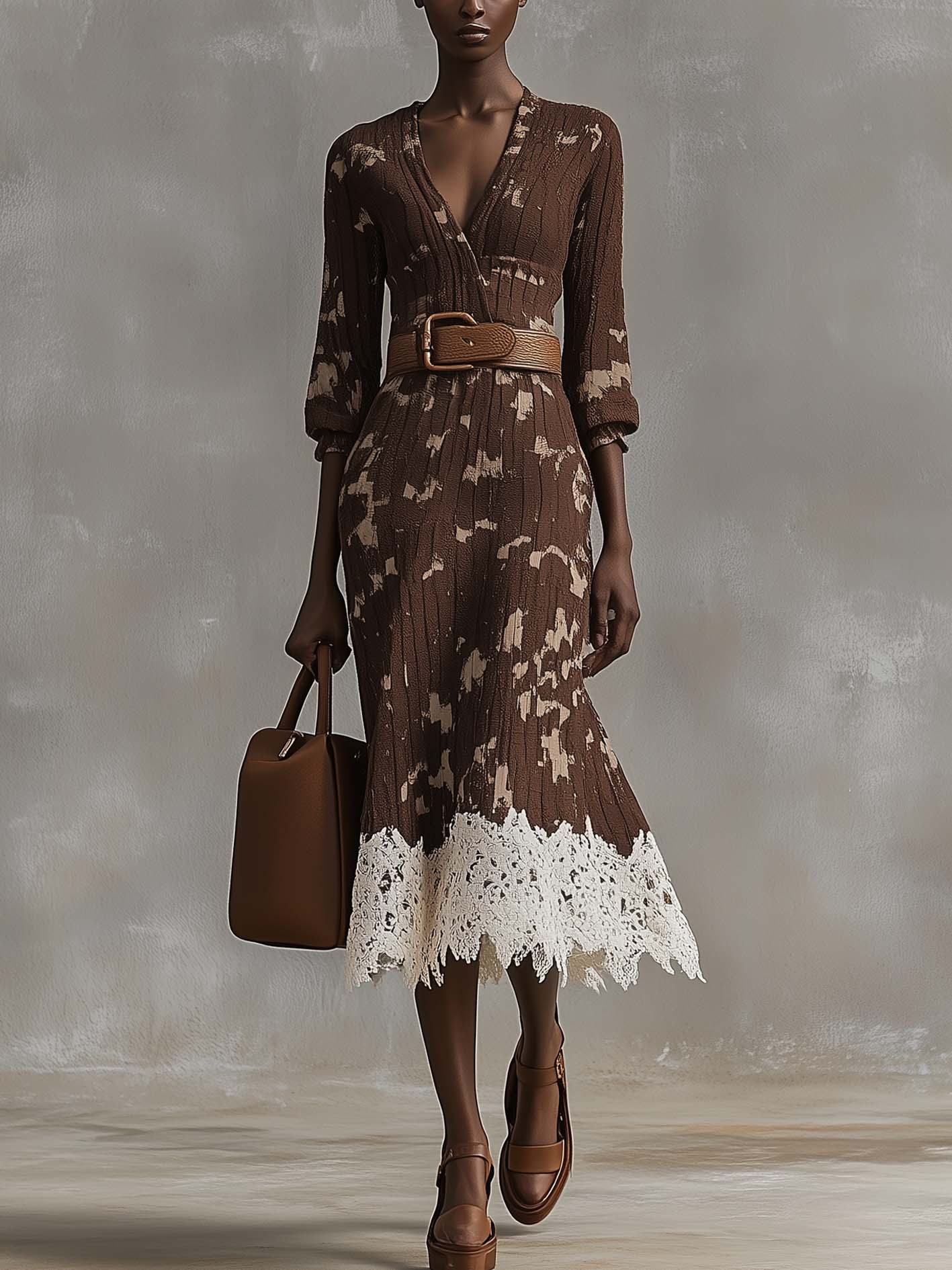 Brown Knitted Bodycon Dress With Lace And Beige Camouflage Pattern