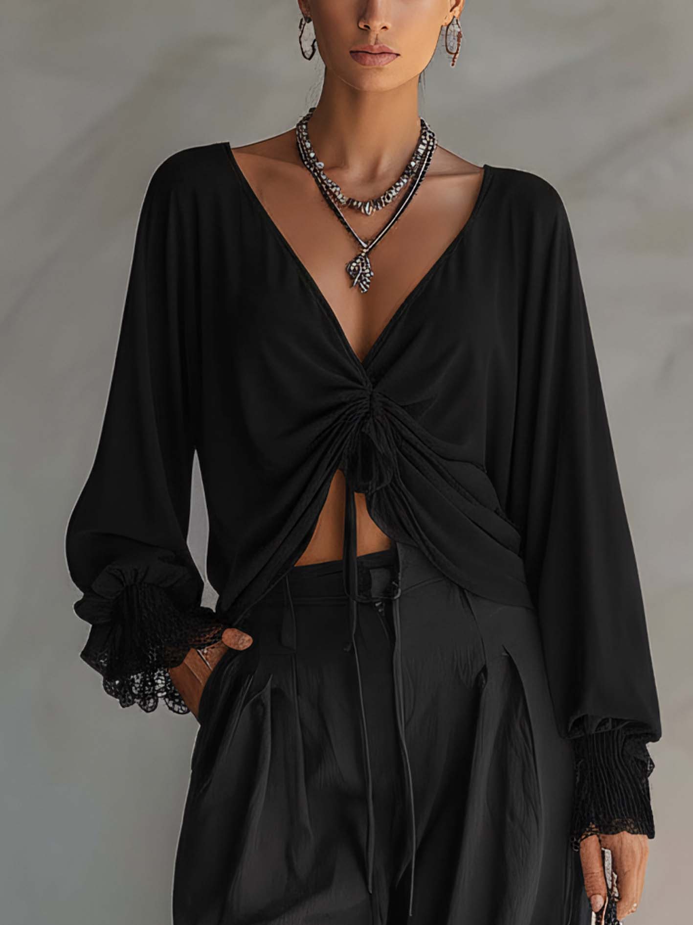 Black Pleated Chiffon Blouse With Ruffled Cuffs And Cotton-Linen Pants Two-Piece Set