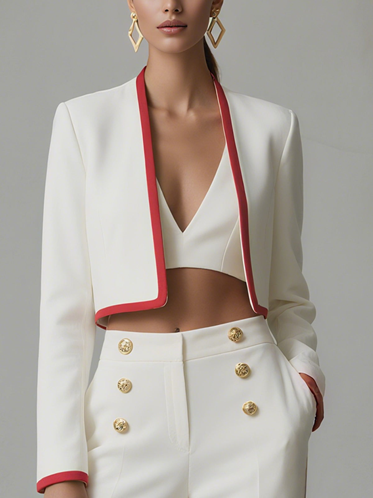 Cropped Blazer And High Waisted Trousers Set With Red Trim
