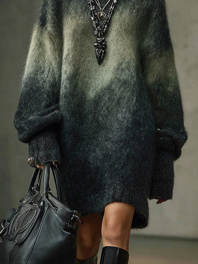 Forest Green Mink Ombre Loose Fit Knit Mini Dress