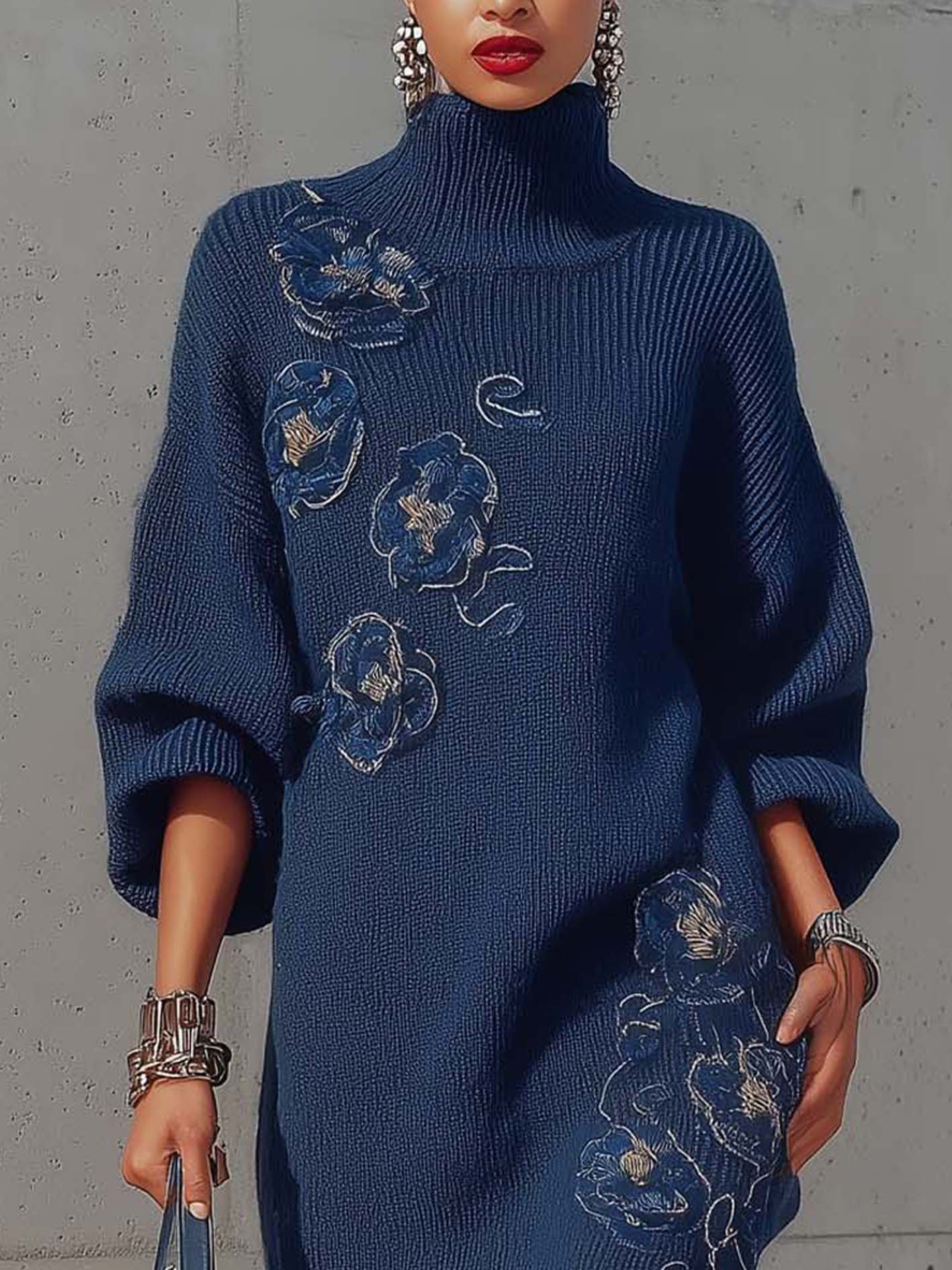 Navy Knitted Mohair Mini Dress With Floral Embroidery