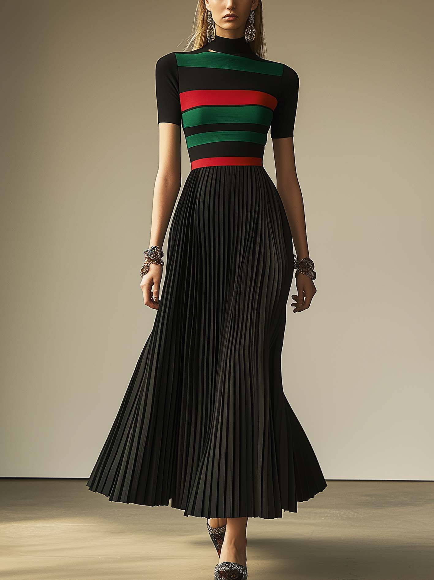 Black Maxi Dress With Colorblock Pleats