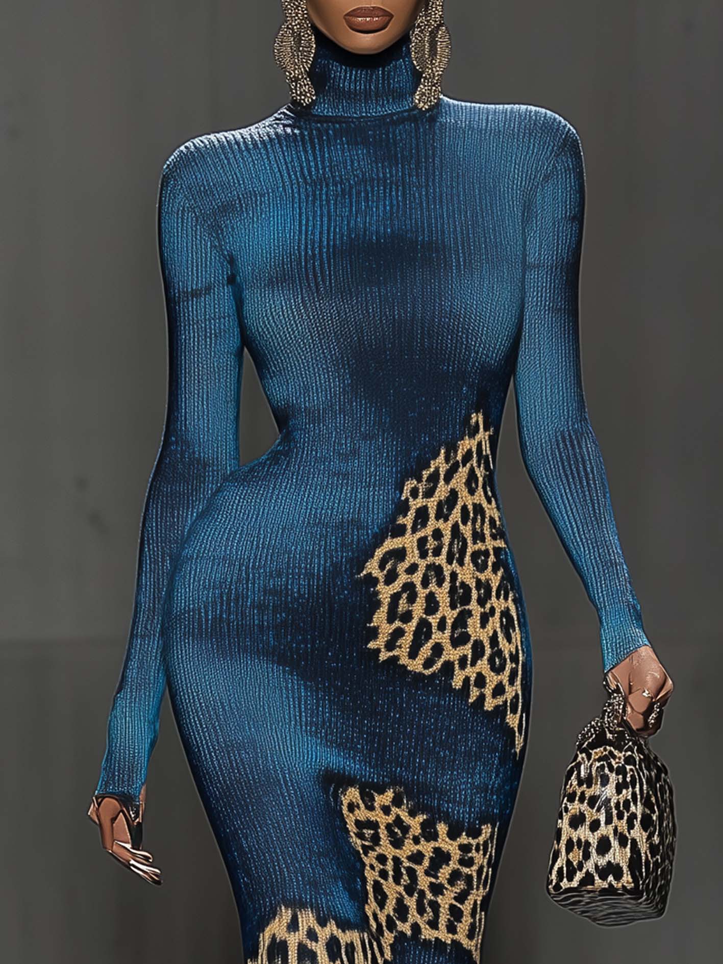 Navy Knit Midi Bodycon Dress With Leopard Print