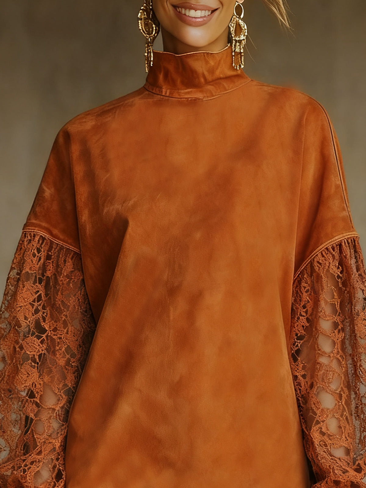 Orange Faux Suede Mini Dress With Lace Sleeves And Irregular Hem