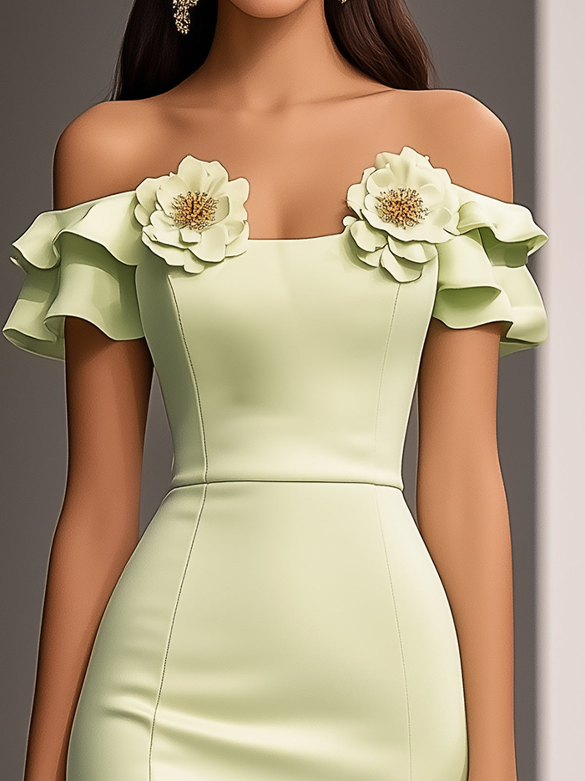 Elegant Off Shoulder Pastel Green Sheath Dress With Floral Appliques