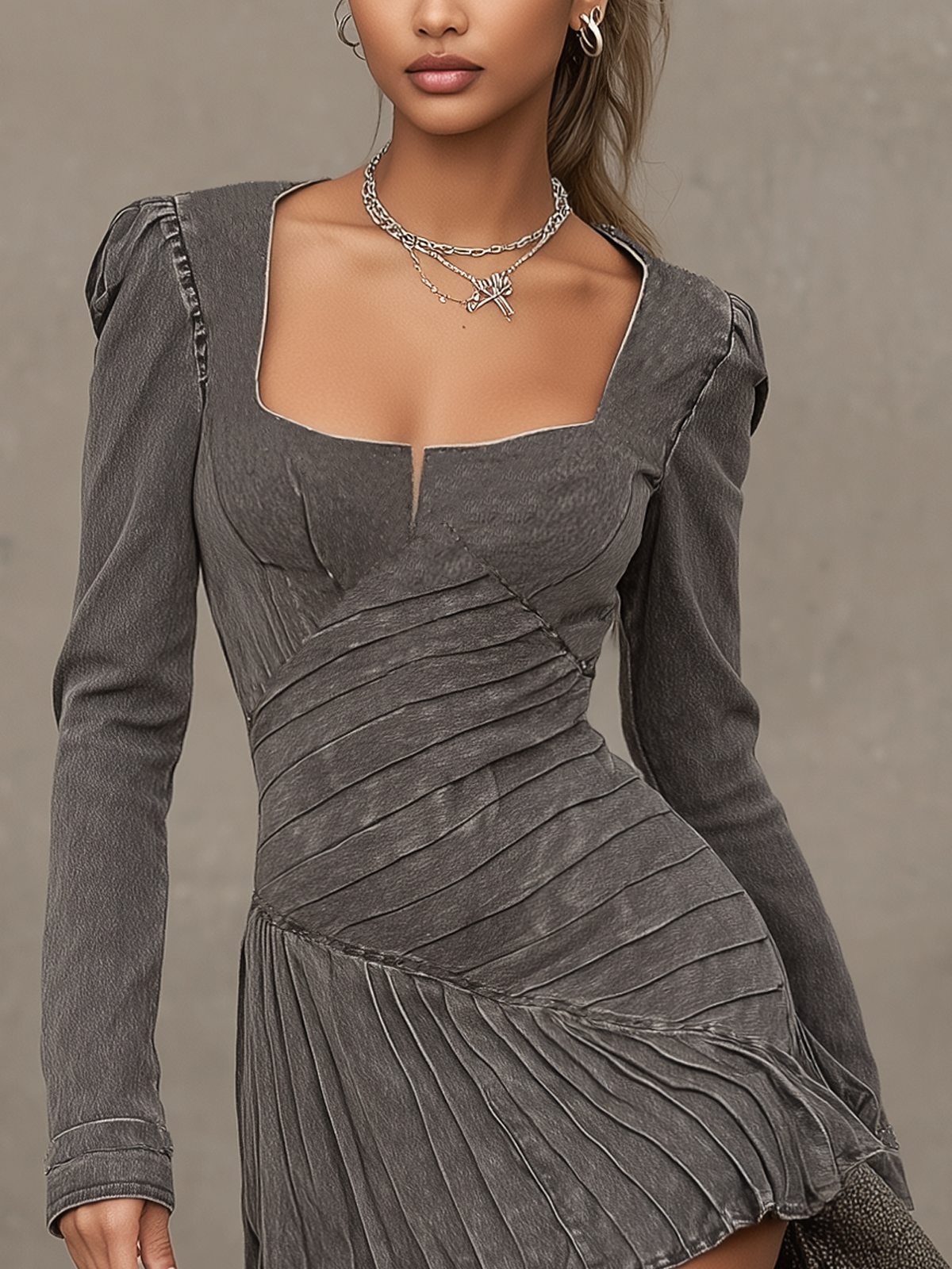 Gray Denim Asymmetrical Pleated Square Neck Mini Dress