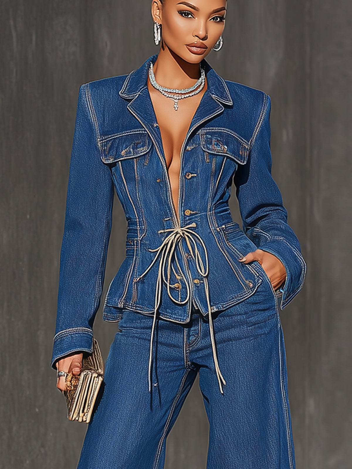 Dark Wash Denim Blue Drawstring Waist Jacket With Wide Leg Pants Set