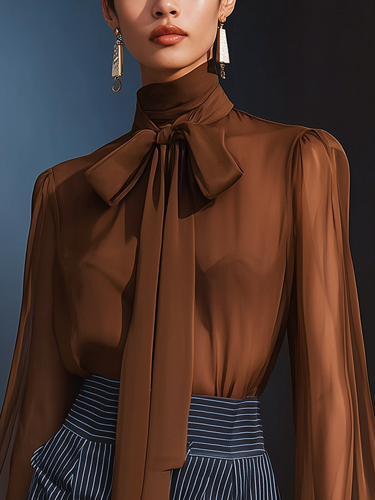 Elegant Chocolate Brown Sheer Bow Tie Blouse