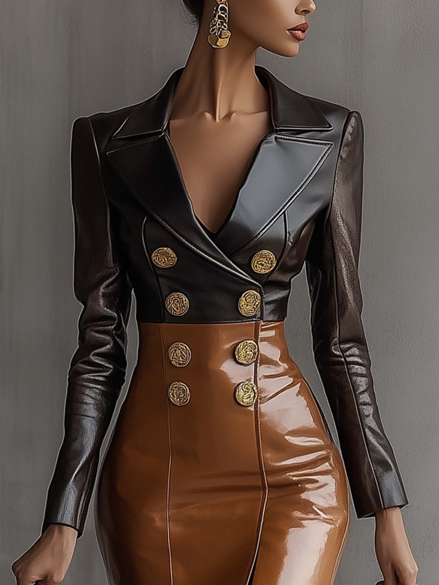 Brown And Black Faux Leather Bodycon Dress