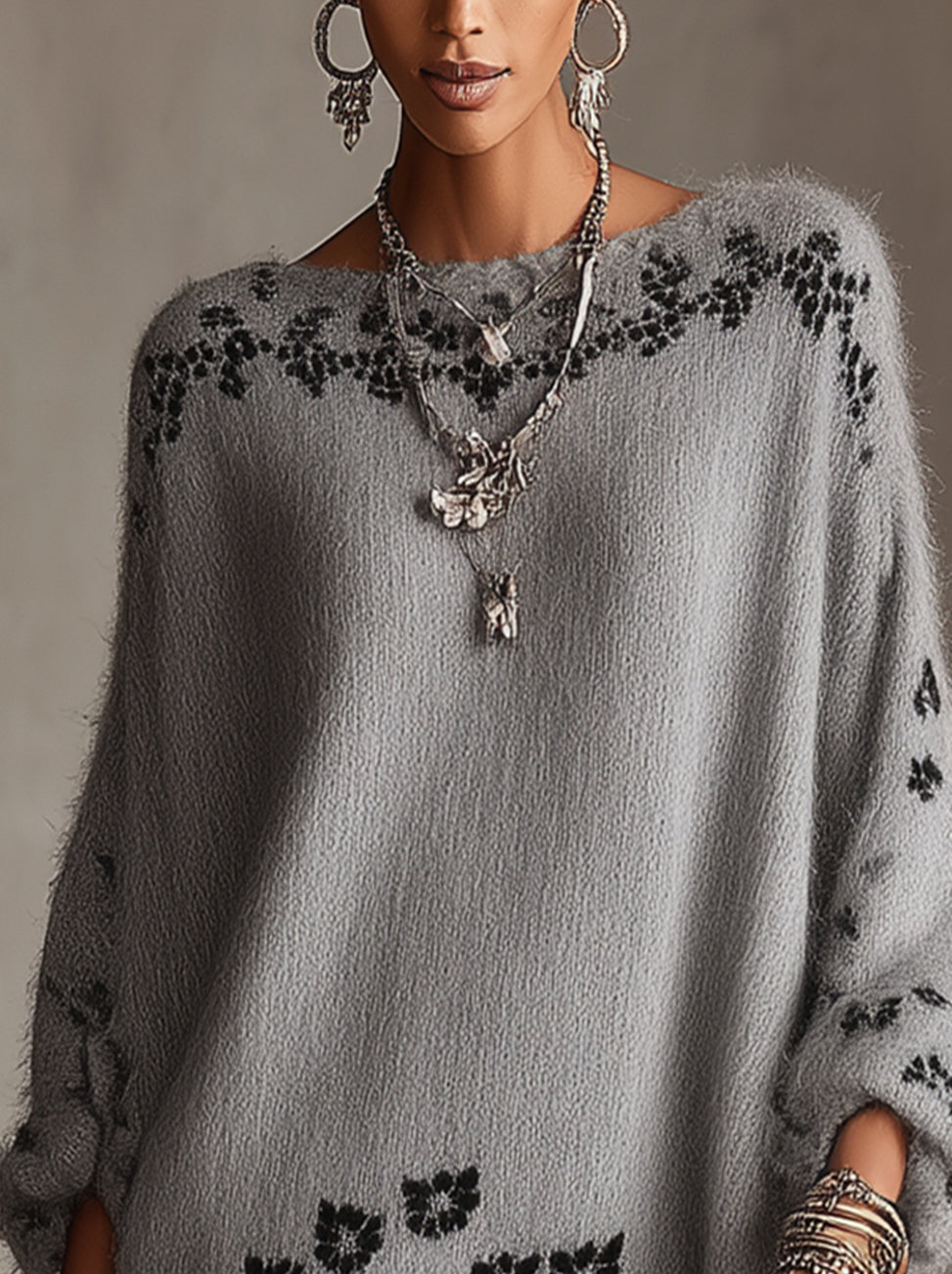 Gray Floral Knit Lace Hem Oversized Sweater Dress