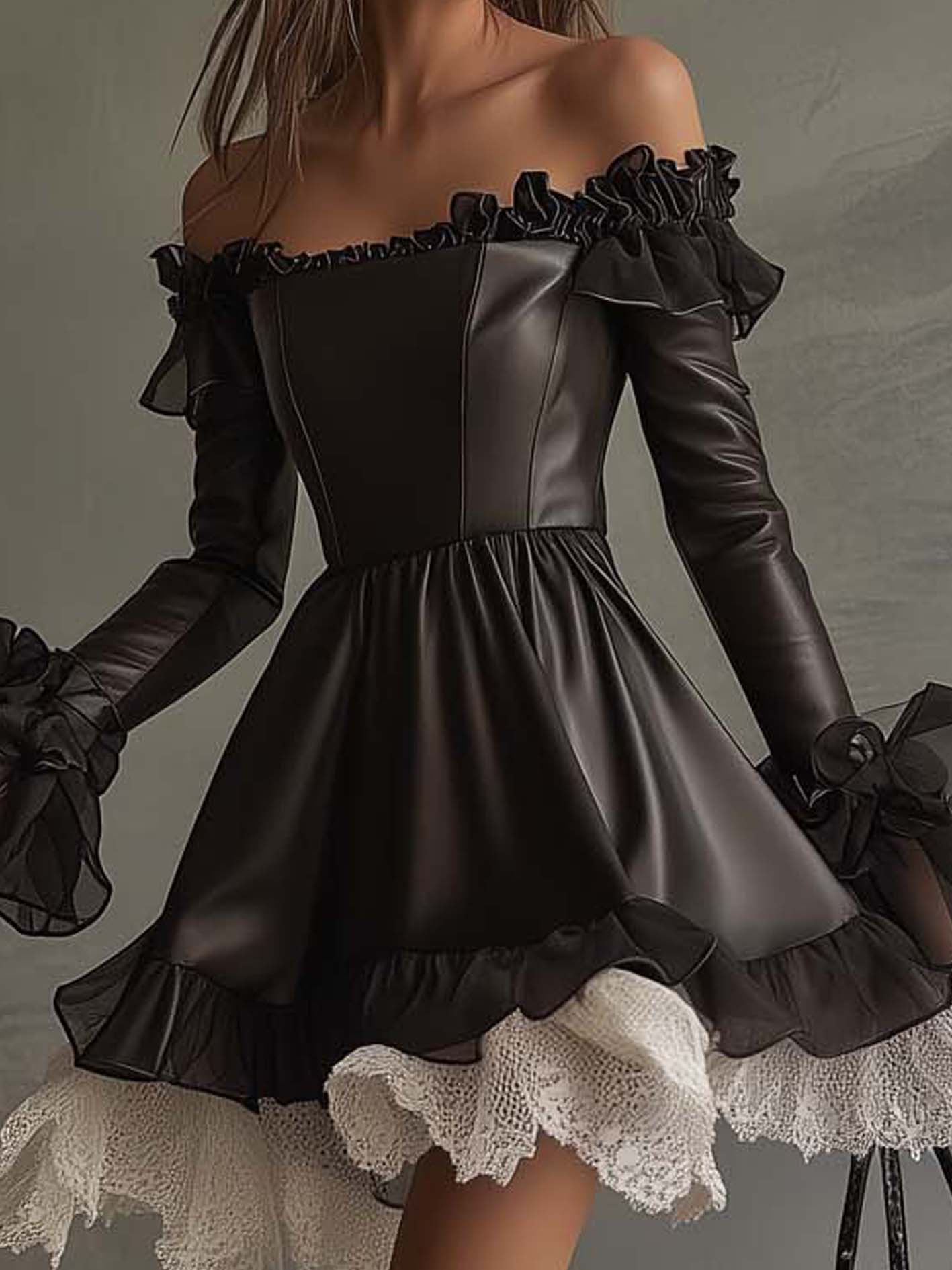 Off Shoulder Black Faux Leather Mini Dress With Mesh And Lace