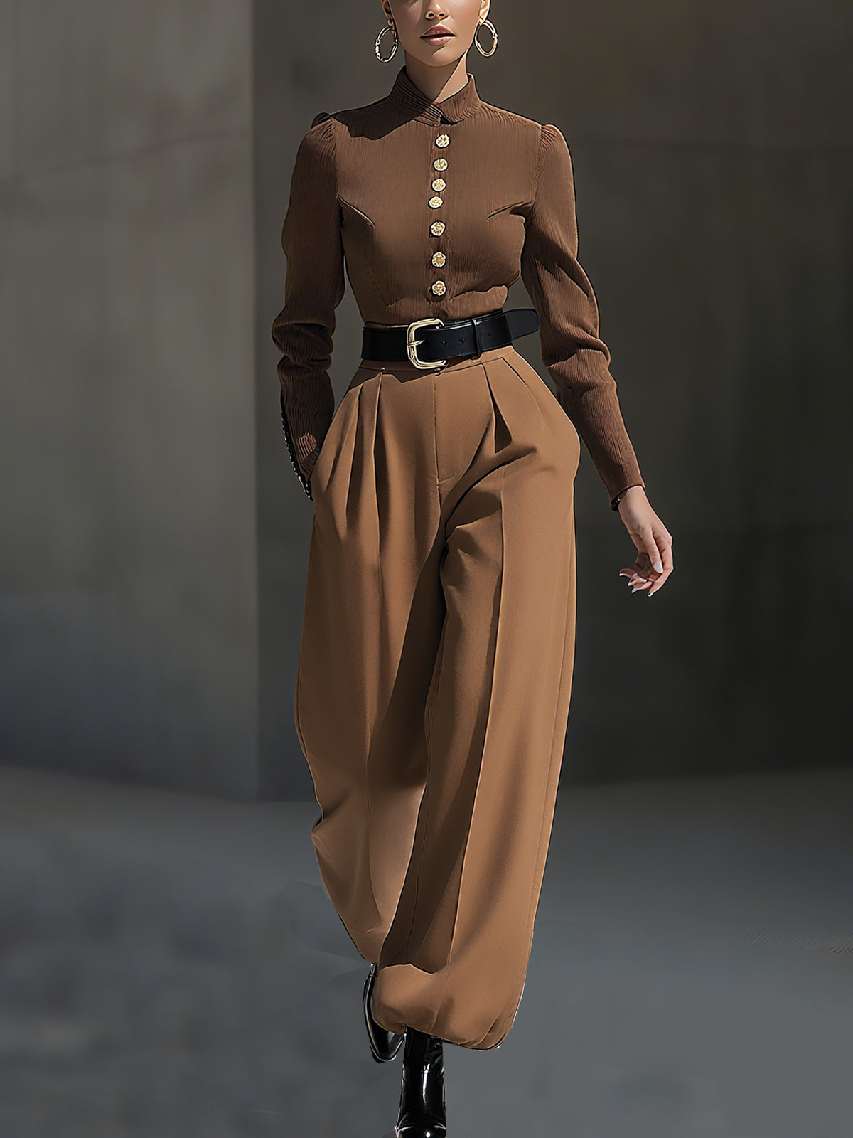 Brown Long-sleeved Top And Pants Set