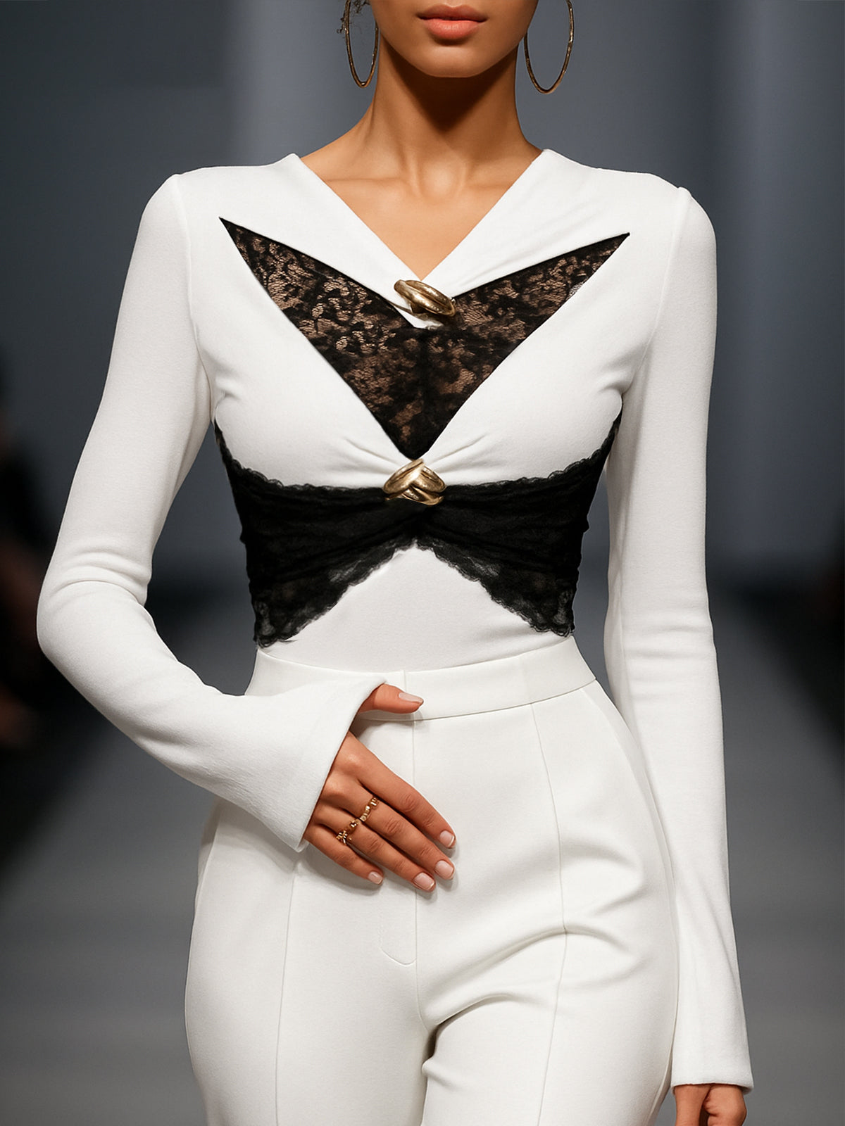 WhiteT-shirt With Black Lace Insets And Gold Accent Buttons