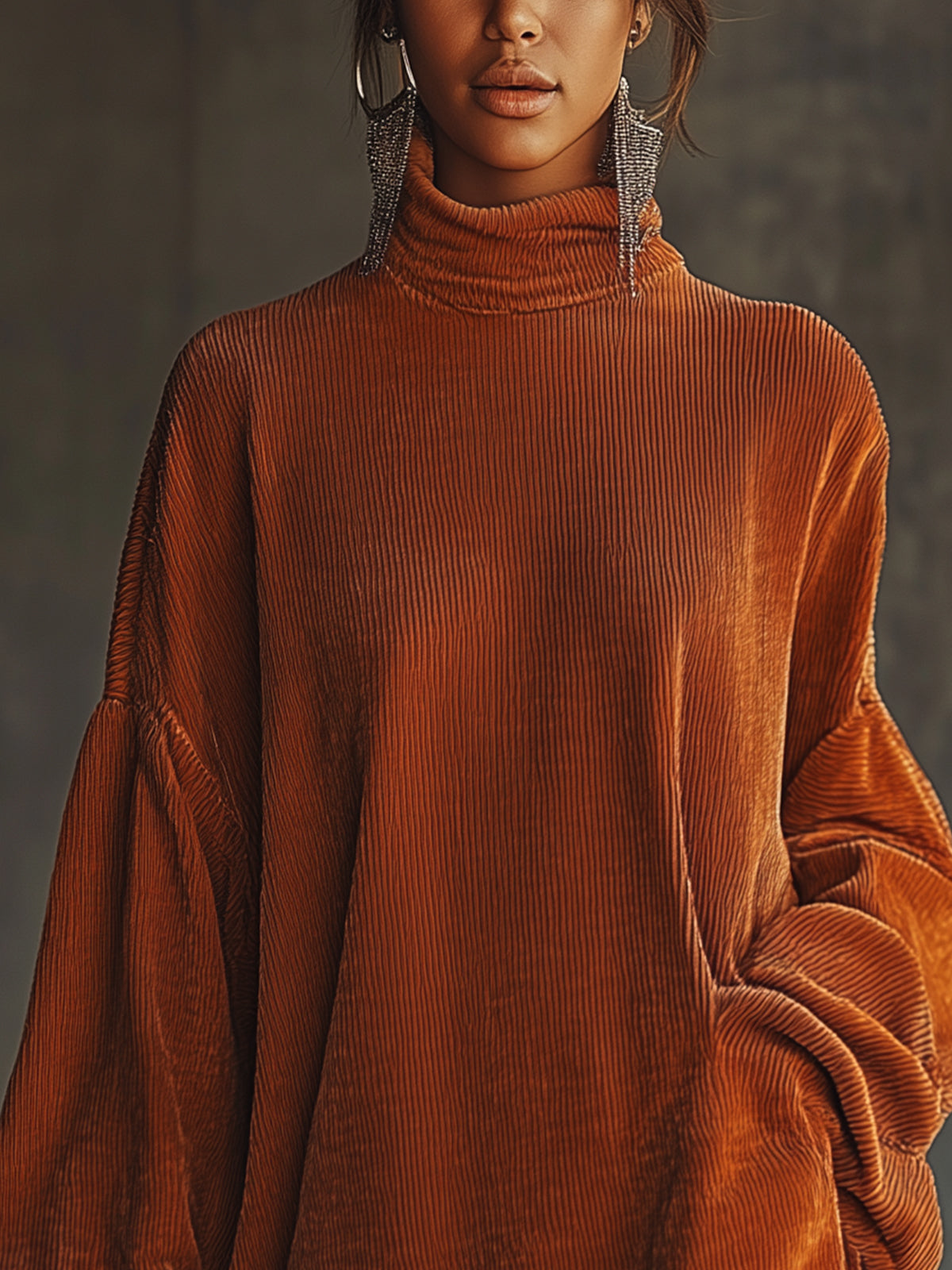 Orange Corduroy Loose Tassel Hem High Collar Dress