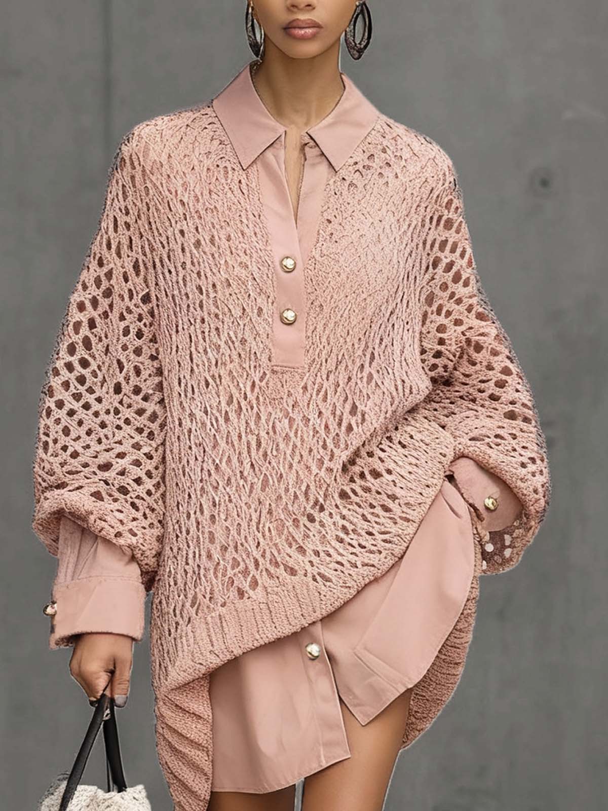 Pink Crocheted Mesh Metal Button Double-Layer Mini Dress