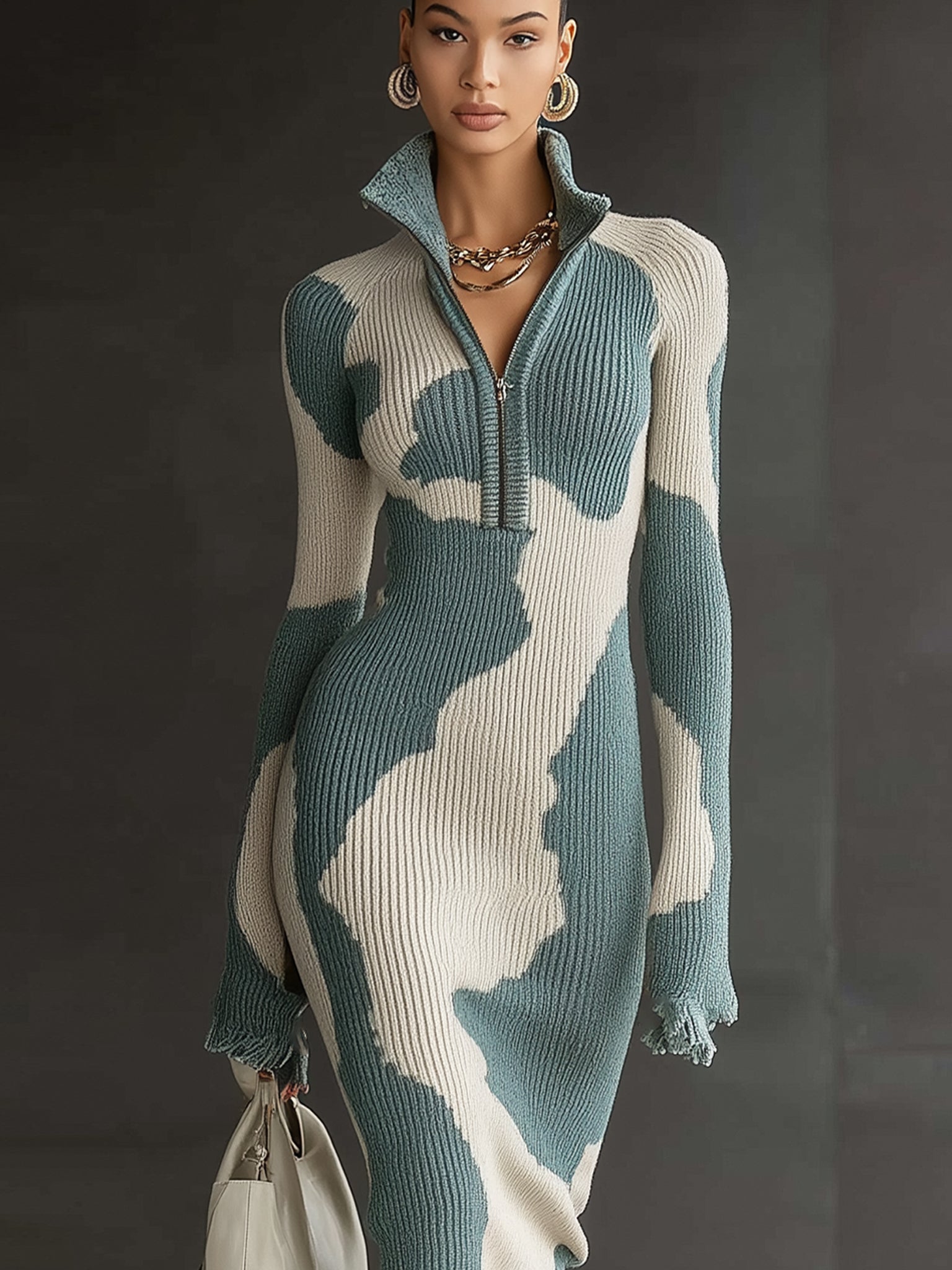 Teal Contrast Knit  Half Zip Long Sleeve Bodycon Dress With Fringed Hem