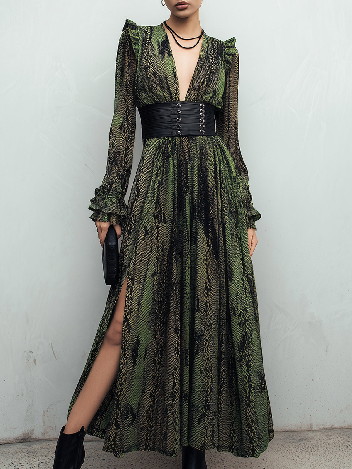 Emerald Python Deep V-Neck Maxi Dress With Belt