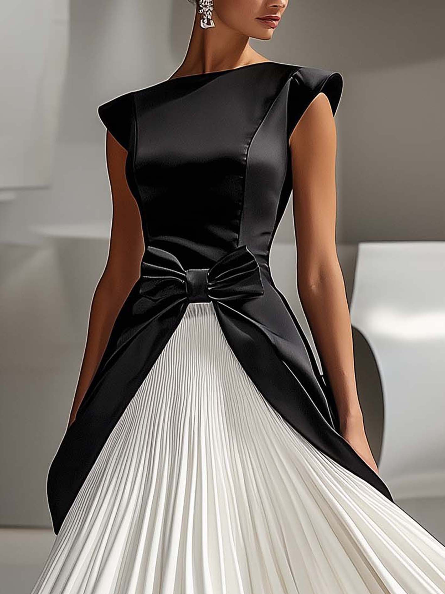 Black And White Stitching Satin Maxi Dress With Bow At Waist
