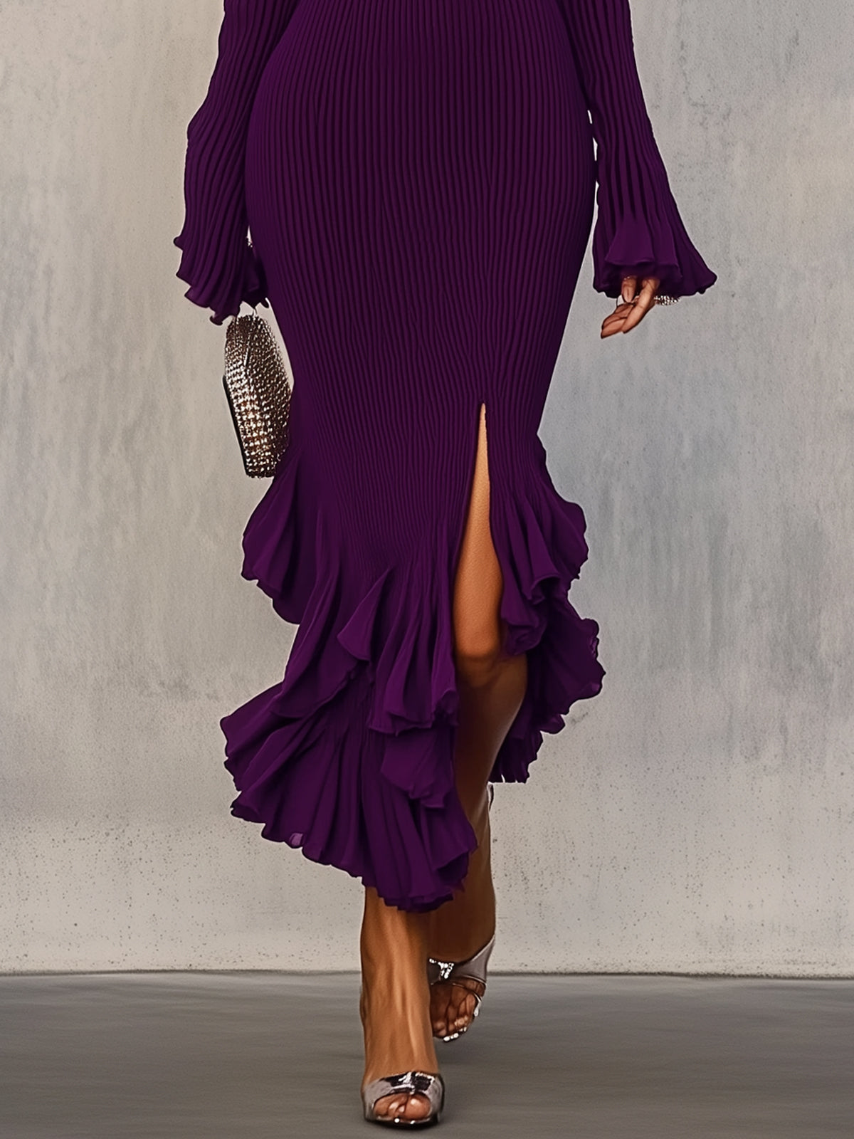 Purple Ribbed Ruffle Slit Off Shoulder Long-Sleeve Midi Dress