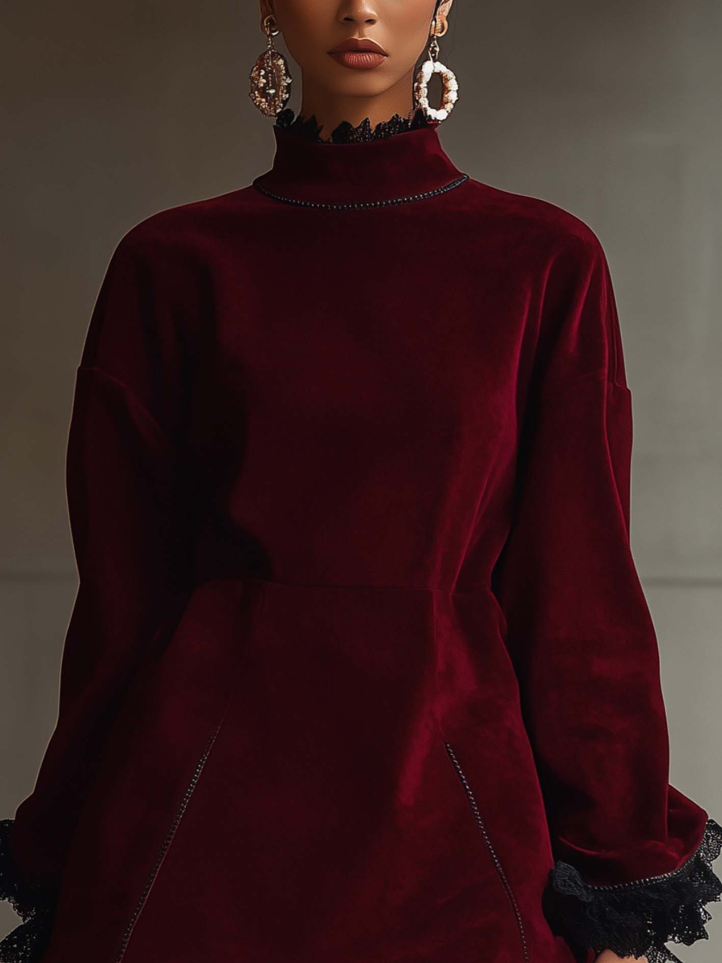 Burgundy Faux Suede Mini Dress With Black Lace Trim