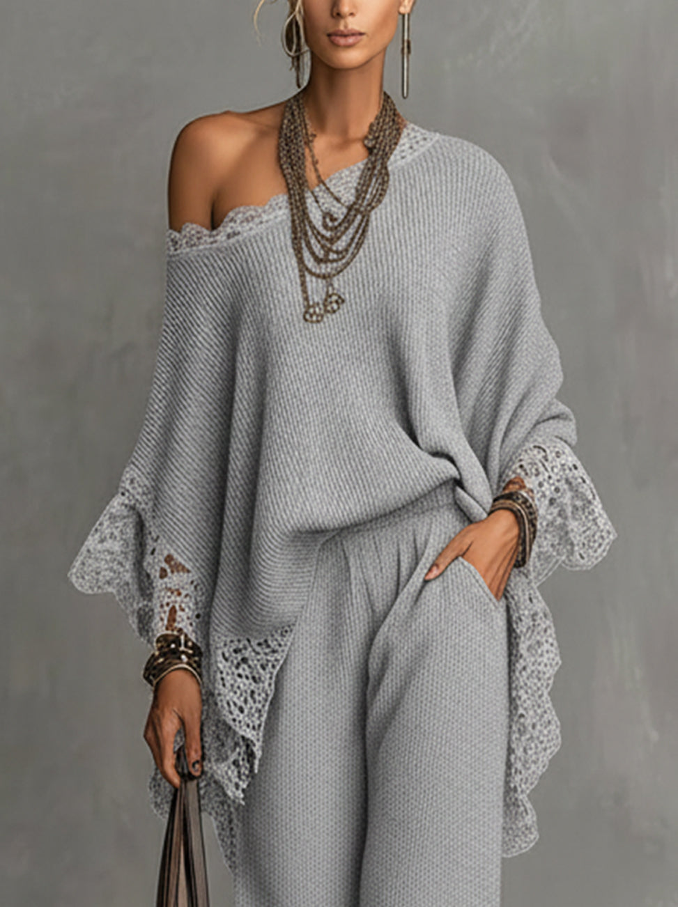 Light Gray Textured Knit Lace-Trim Two-Piece Set
