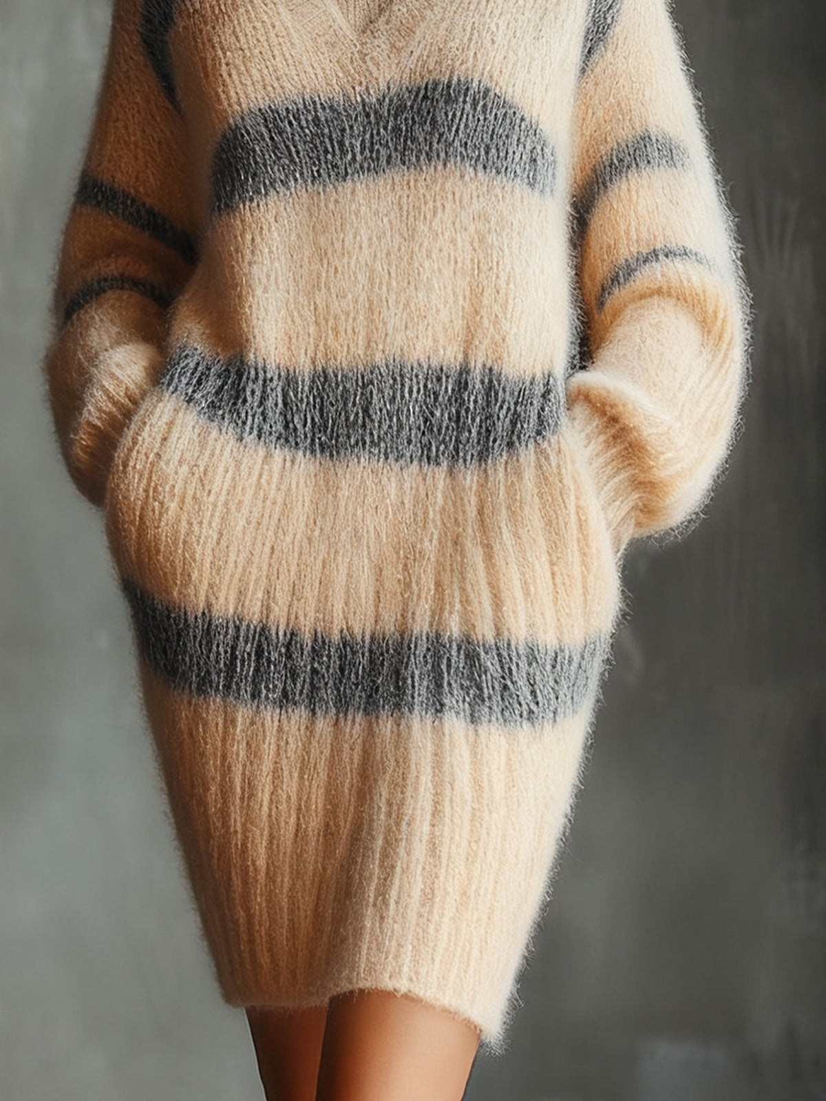 Cream And Grey Striped Fuzzy Turtleneck Sweater Dress