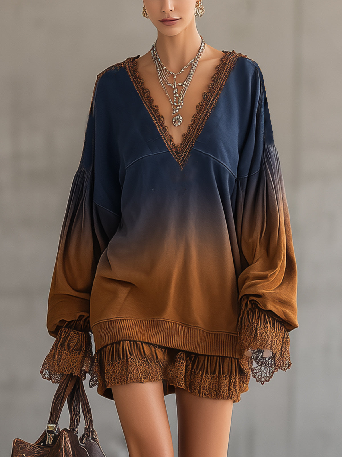 Navy And Caramel Ombre Lace Trim V-Neck Sweater Dress