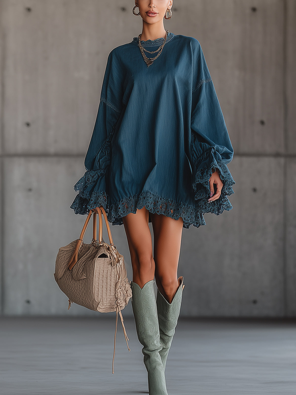 Blue Lace Trim Balloon Sleeve Denim Mini Dress
