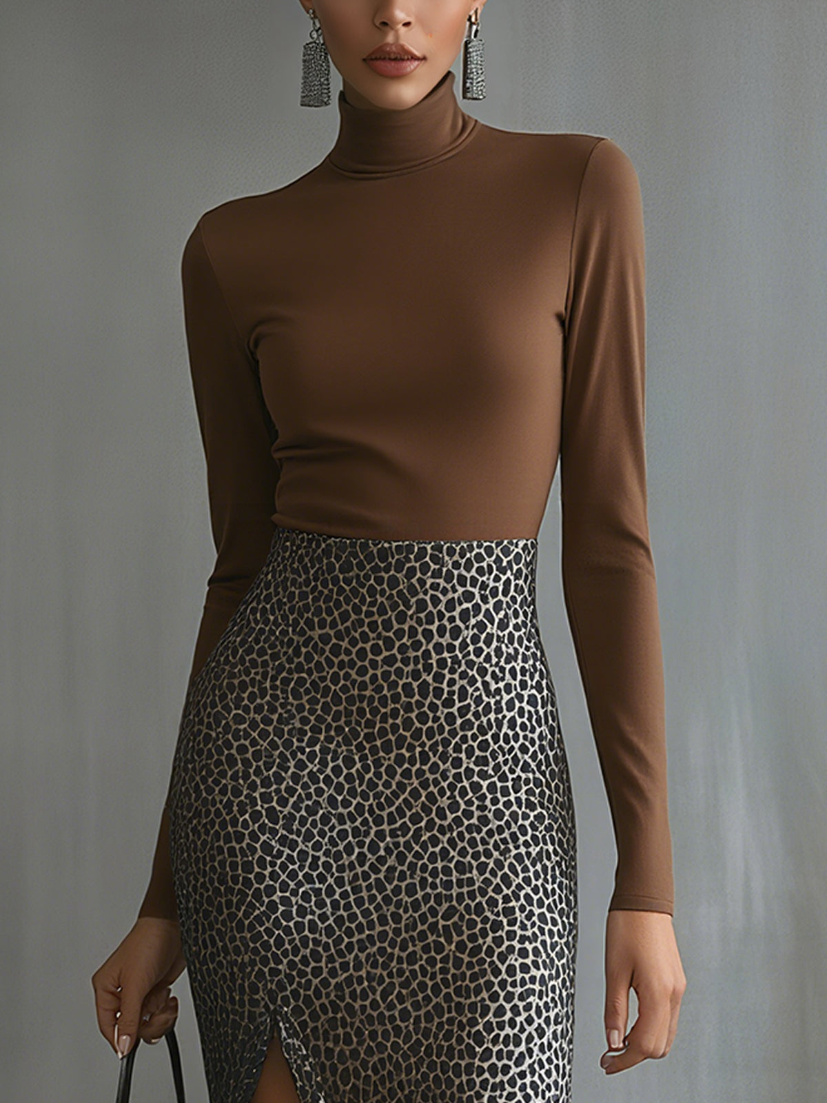 Brown Turtleneck With Sparkling Animal Print Maxi Dress