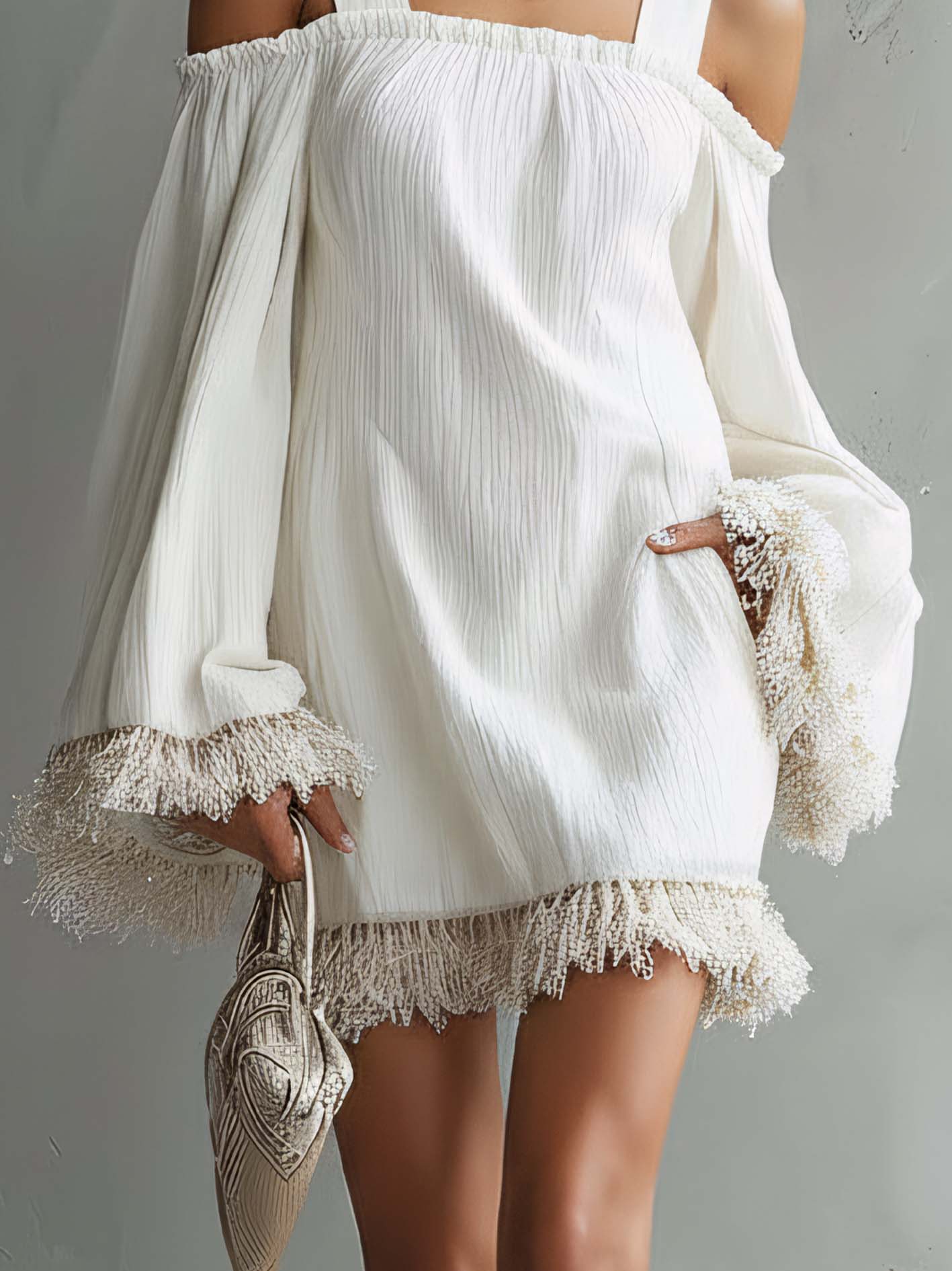 White Cotton-Linen Mini Dress With Tassel Trim And Shoulder Straps