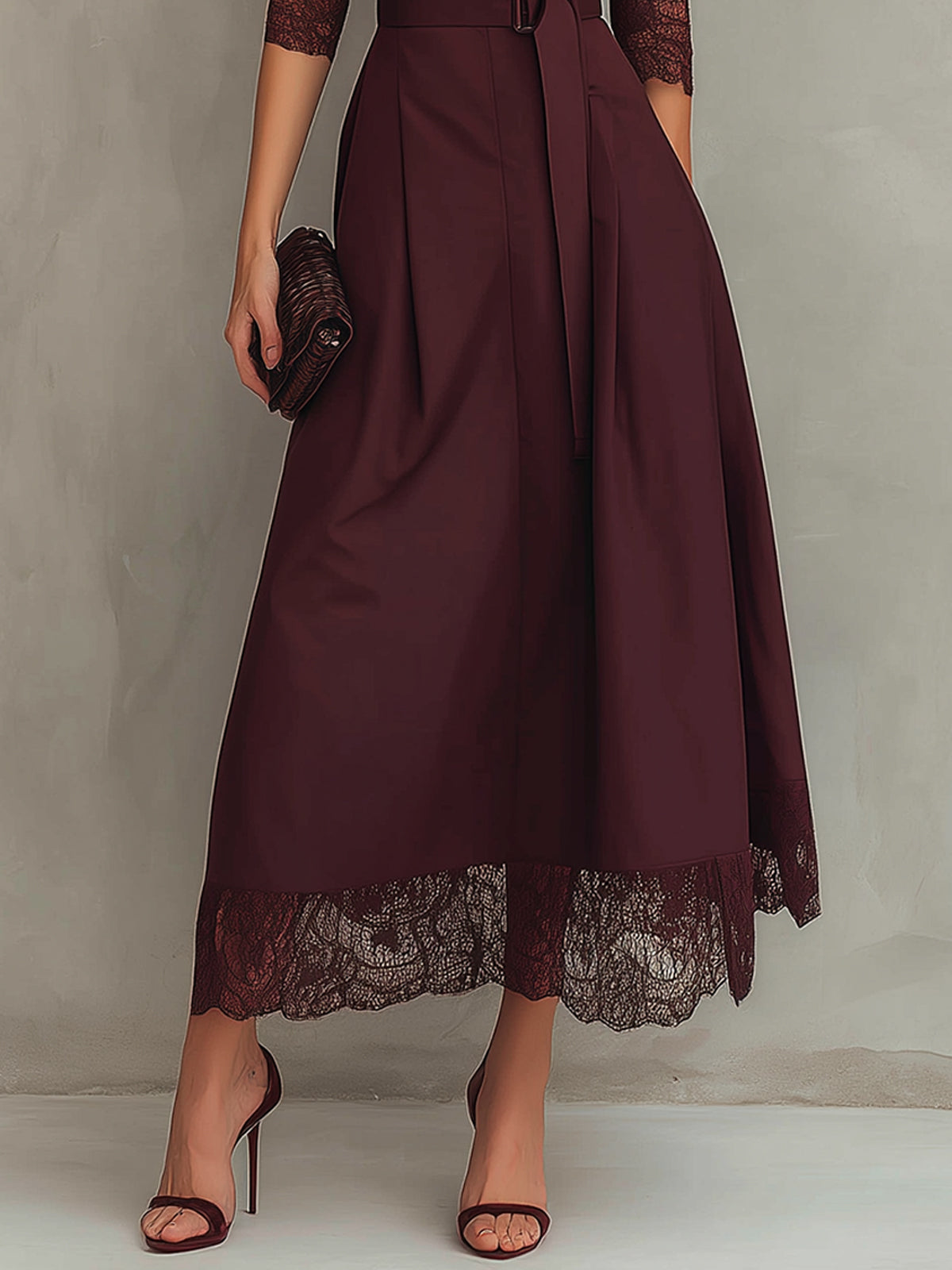 Burgundy Lace Sleeve Belted V-Neck Maxi Dress