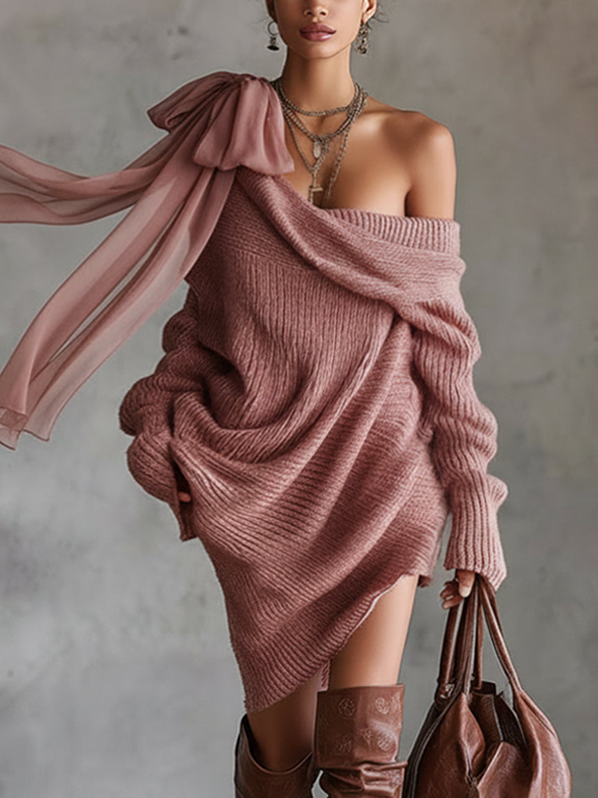 Pink Asymmetrical Chiffon Bow Collar Knit Mini Dress