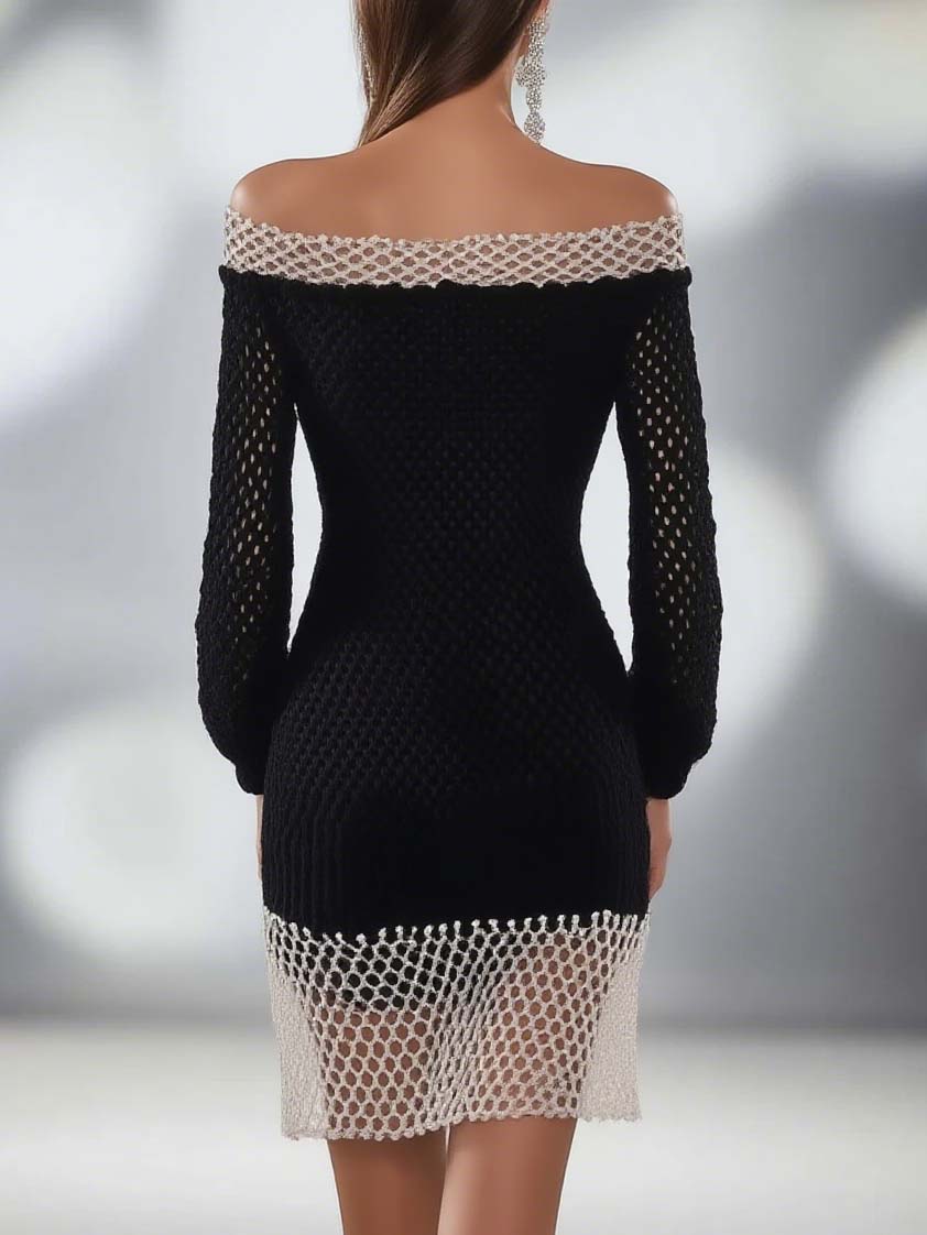 Off Shoulder Stitching White And Black Hollow Knitted Mini Dress