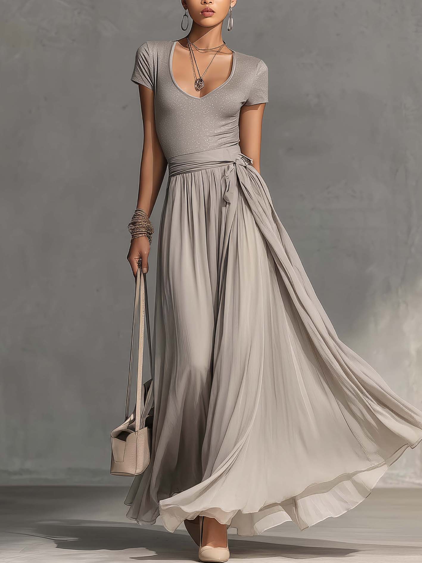 Gray Shimmer T-Shirt And Chiffon Maxi Skirt Set