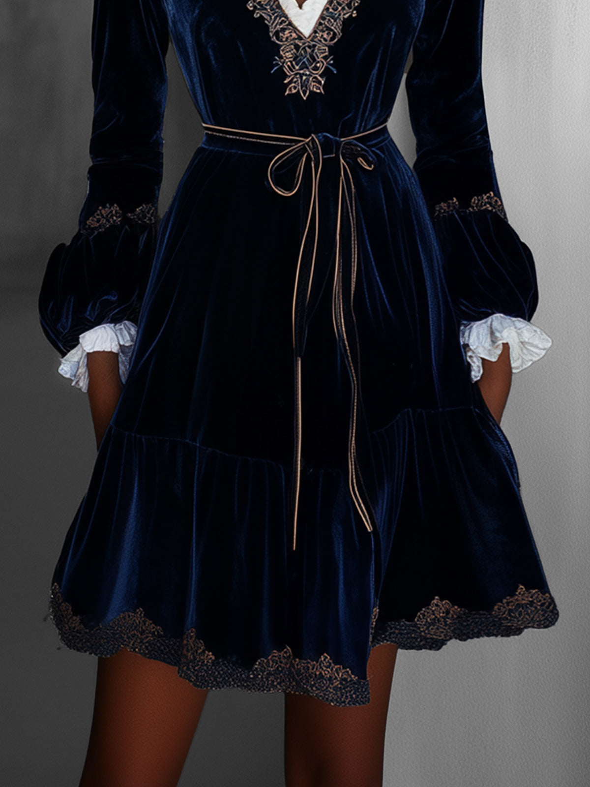Navy Blue Velvet Mini Dress With Ruffled Trim And Lace Embellishments