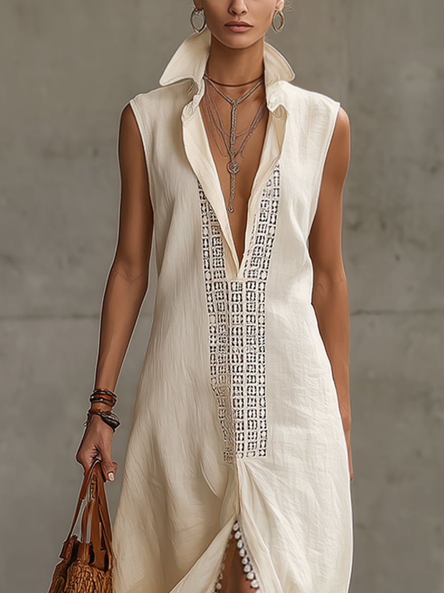 Ivory Sleeveless V-Neck Embroidered Linen Blend Maxi Dress