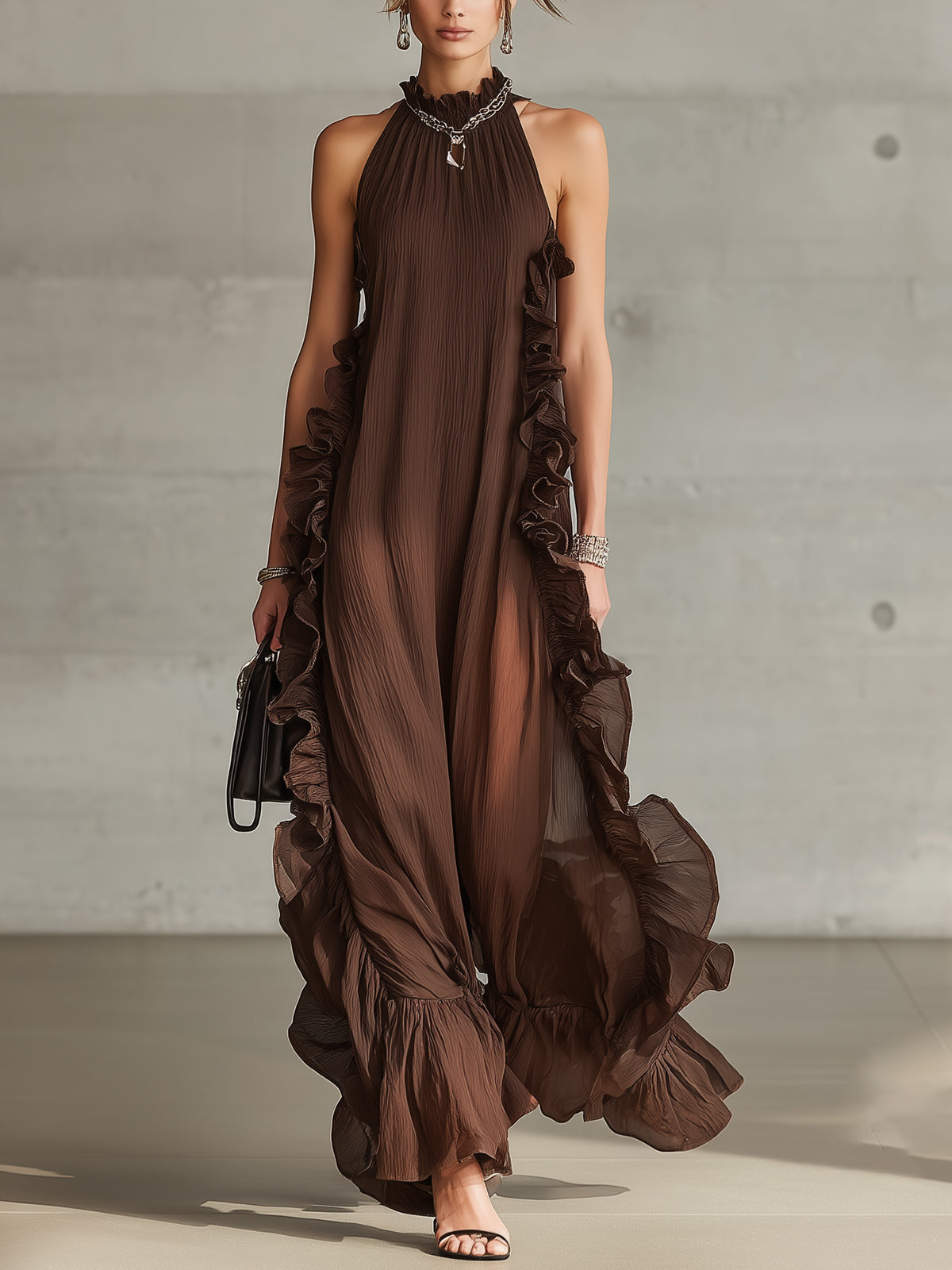 Brown Ruffle Trim Pleated Halter Chiffon Maxi Dress