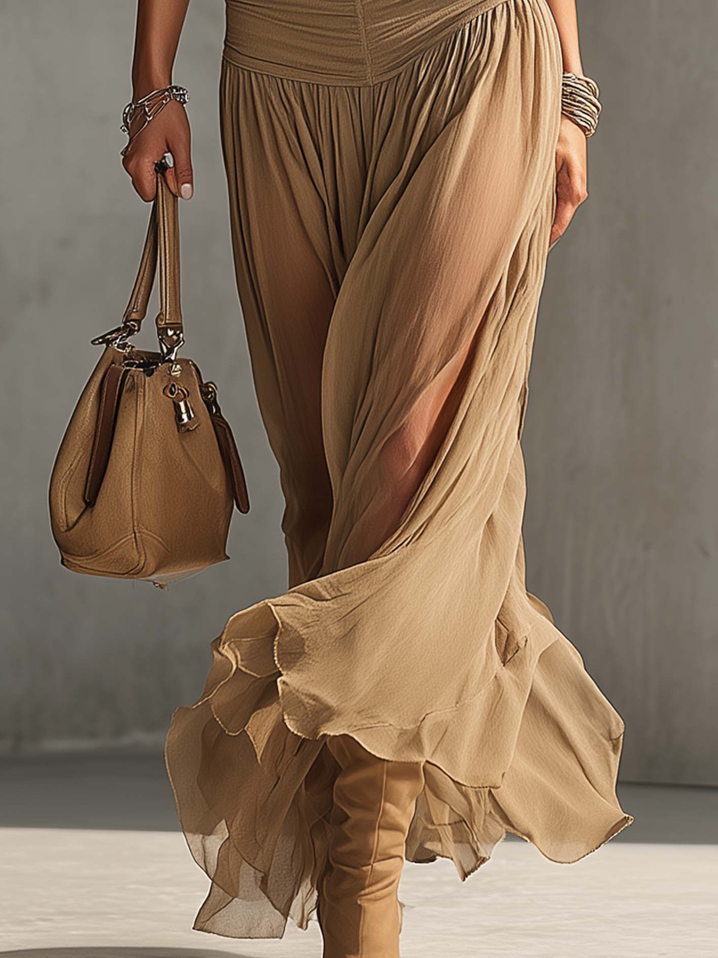 Khaki Sleeveless Ruched Bodycon Chiffon Patchwork Maxi Dress
