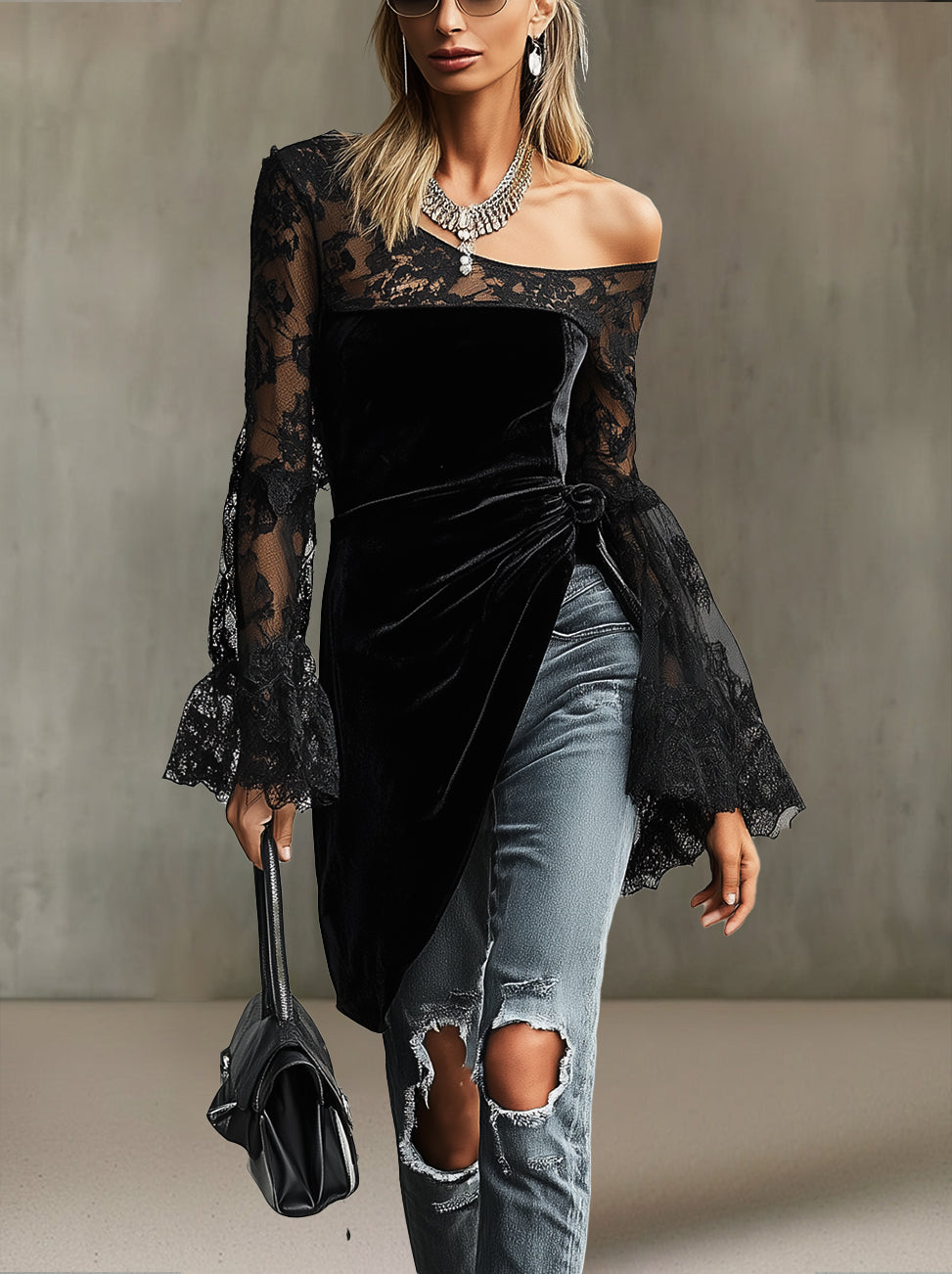 Black Velvet One-Shoulder Top With Lace Sleeves And Draped Asymmetric Hem