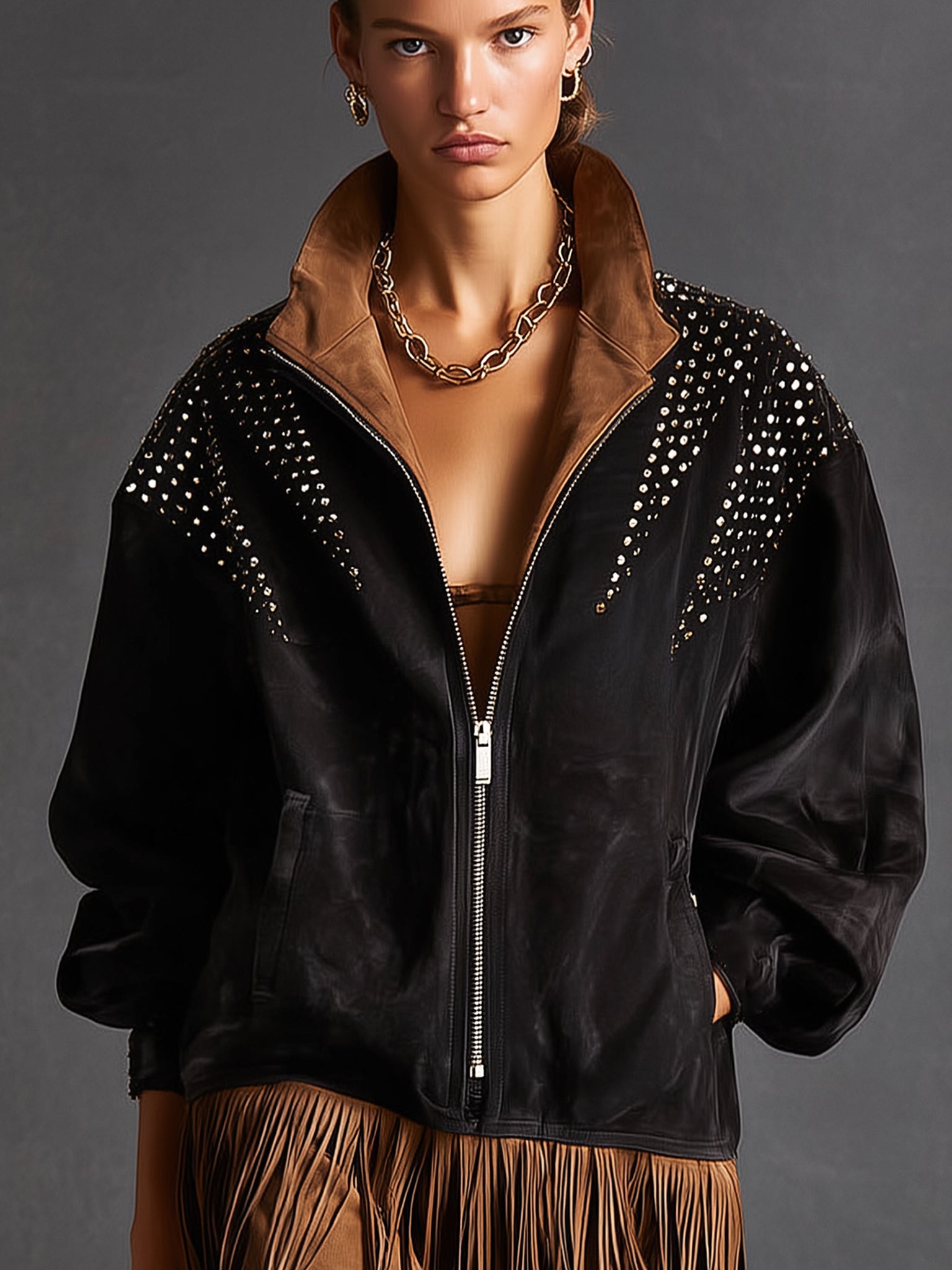 Black Washed Distressed Faux Suede Long Sleeve Jacket With Rhinestone Fringe