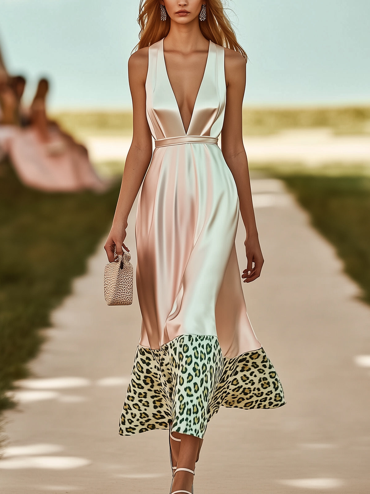 Elegant V-Neck Satin Dress With Green Leopard Print Hem