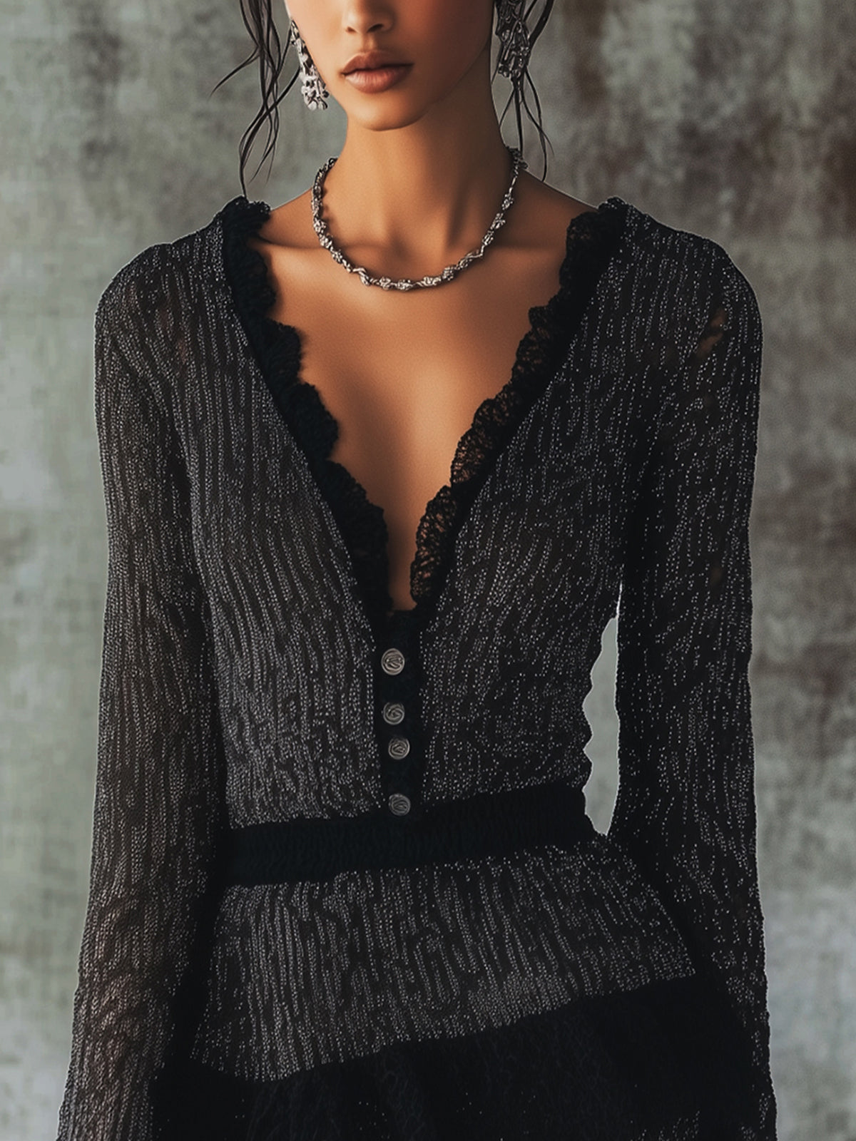 Black Lace Print V-neck Mini Dress