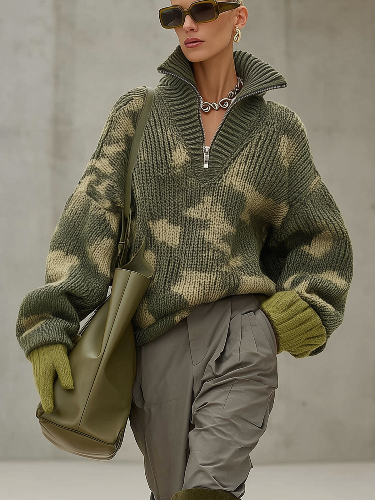 Olive Camouflage Knit Half Zip Sweater