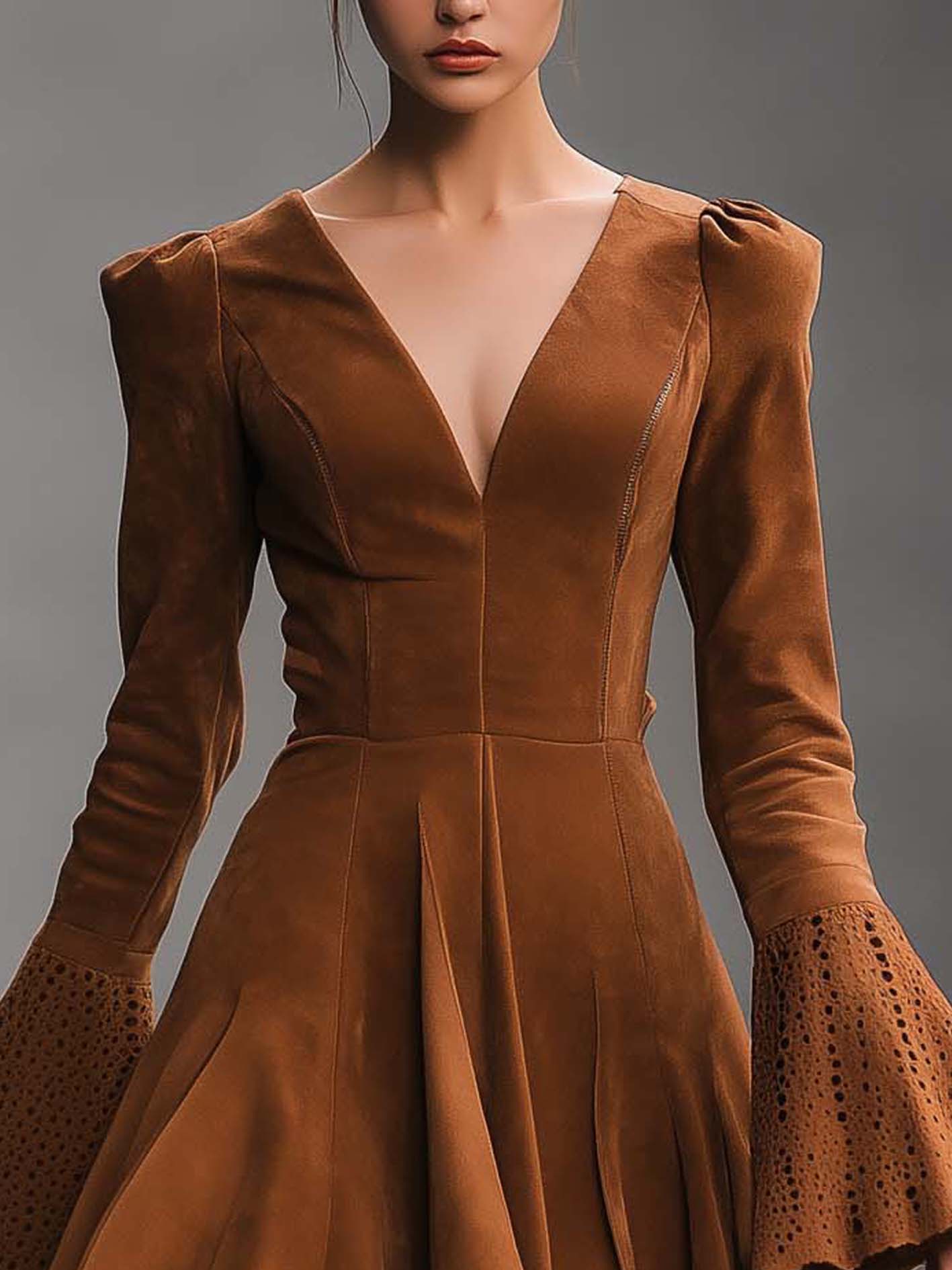 Brown Faux Suede Mini Dress With Lace Sleeves