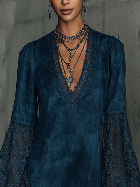 Navy Faux Suede Mini Dress With Lace Bell Sleeves And Scalloped Hem